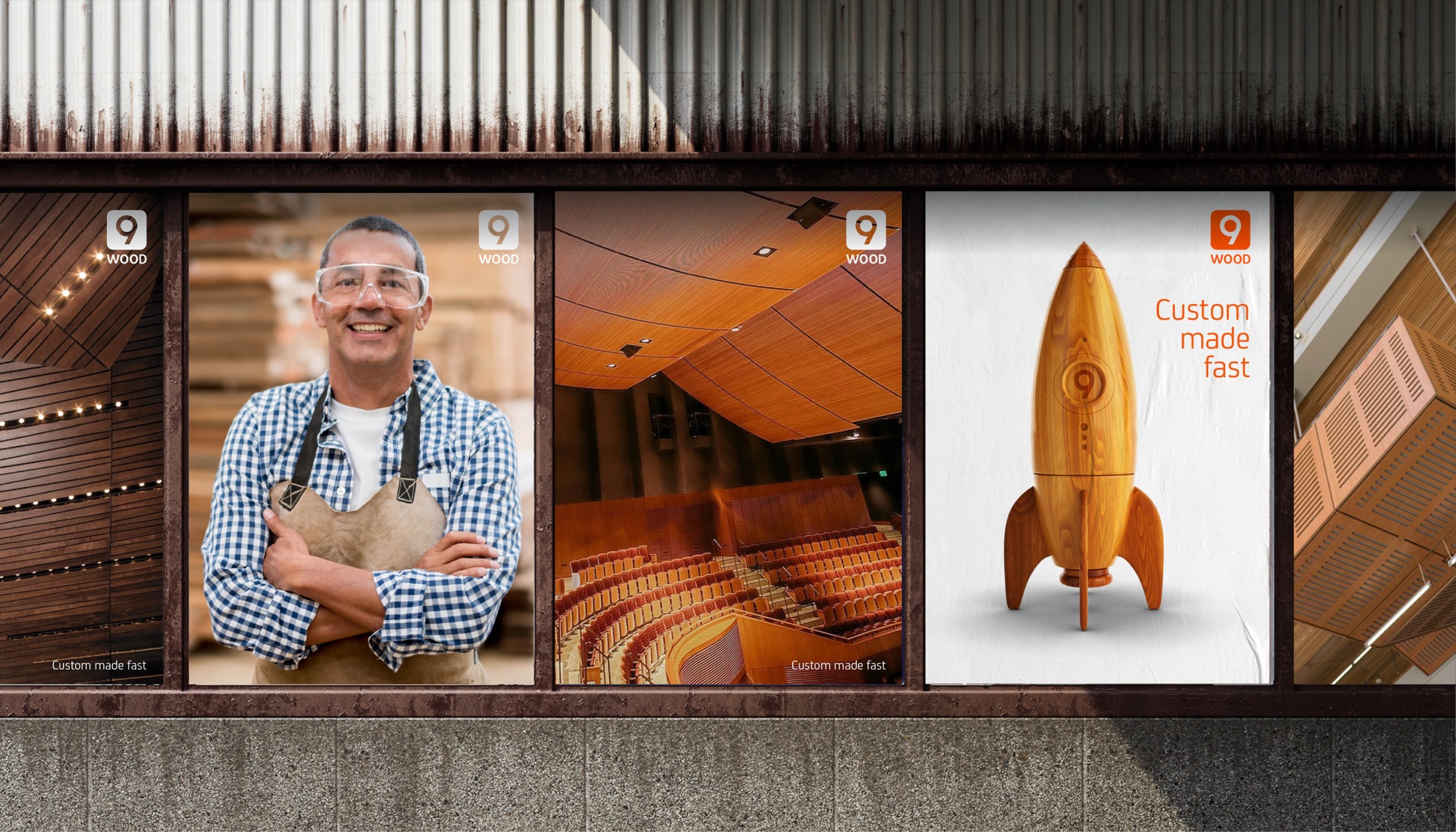 Factory window graphics on a corrugated steel building: five poster panels showing wooden ceiling installations, a workshop craftsman in safety glasses, an auditorium ceiling, and the wooden rocket with the line Custom made fast