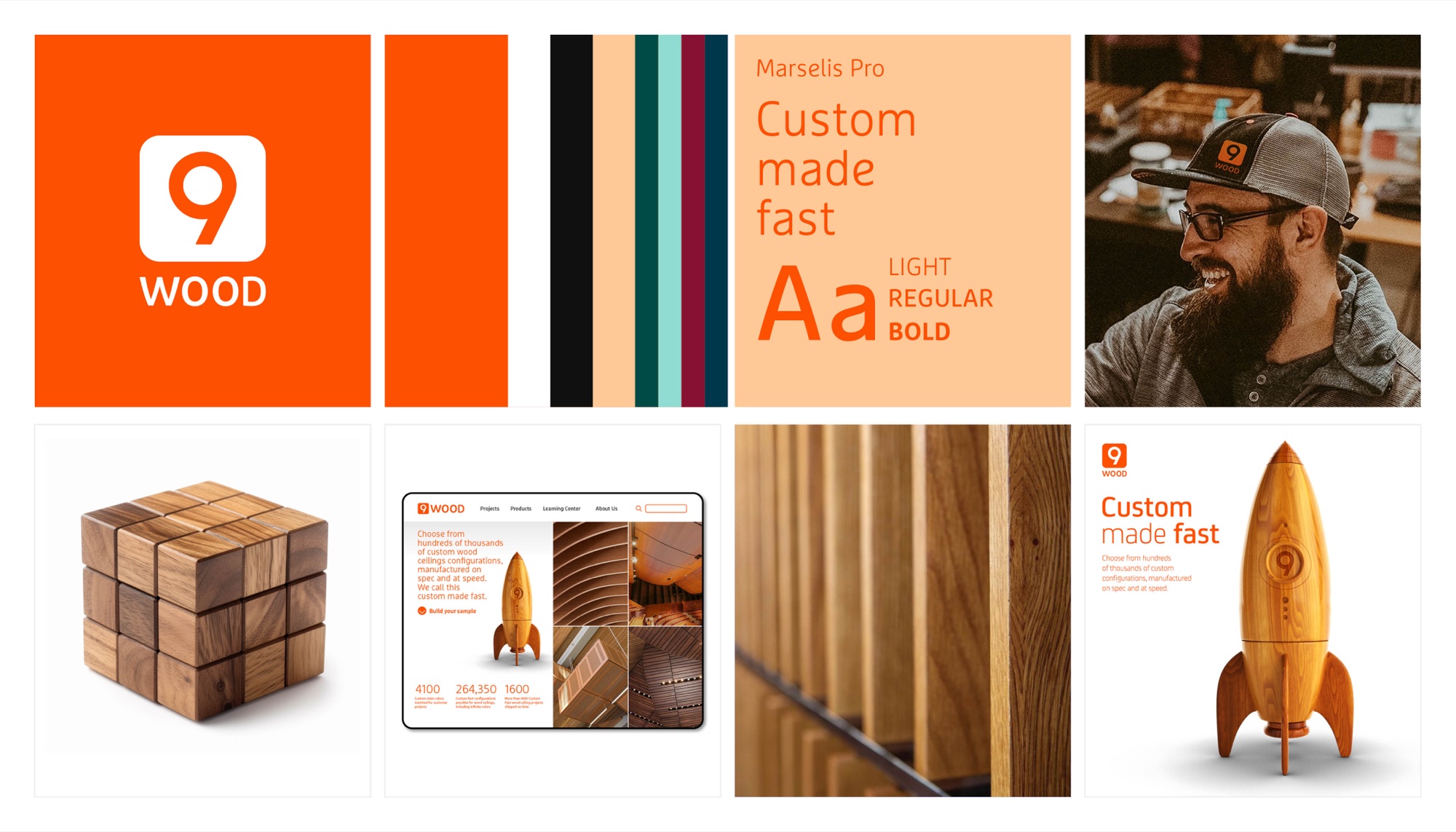9Wood brand summary board: the rounded-square 9 logo in white on orange, the palette of orange, black, peach, teal, aqua and burgundy, Marselis Pro typography in light, regular and bold, workshop portraits, a walnut cube, the website homepage with the wooden rocket and the figures 4100, 264,350 and 1600, and a Custom made fast poster