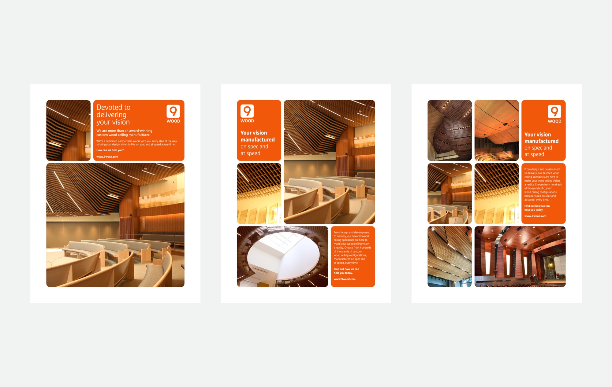 Three social media layouts pairing wooden ceiling photography with orange text panels reading Devoted to delivering your vision and Your vision manufactured on spec and at speed