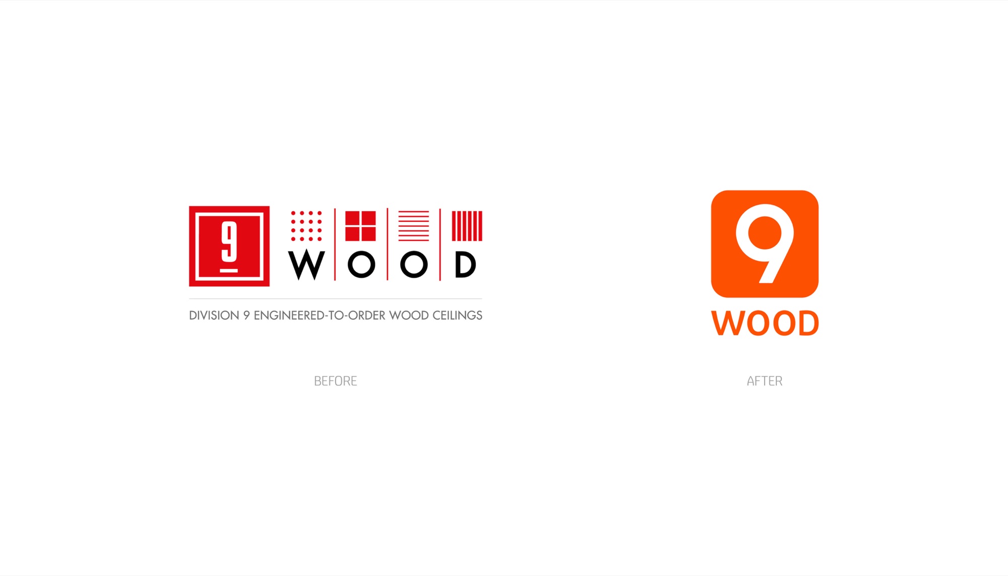 Before and after comparison: the old 9Wood mark, a red boxed 9 beside W O O D split by pattern swatches over the line Division 9 engineered-to-order wood ceilings, next to the new rounded-square orange 9 with the WOOD wordmark beneath