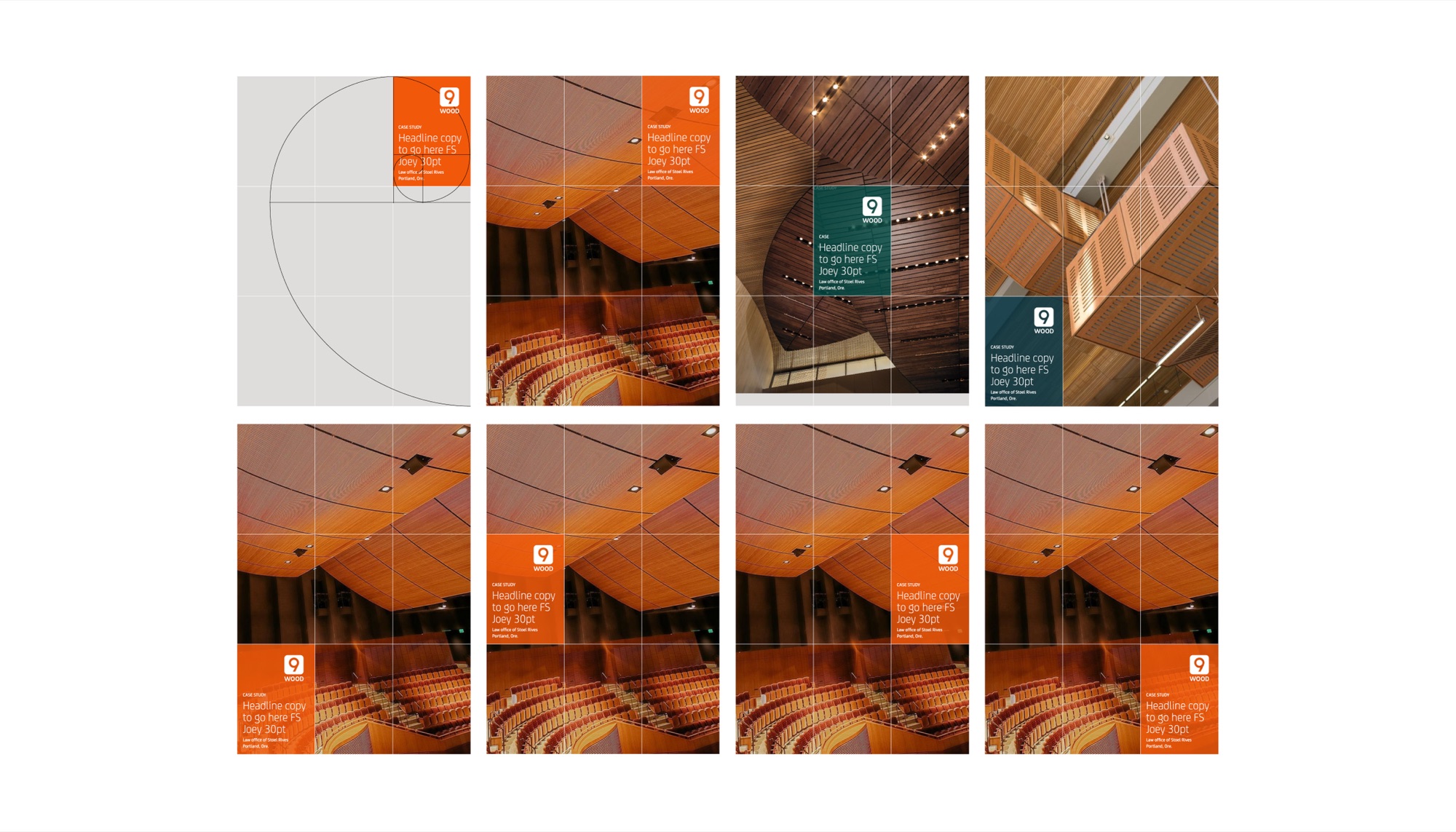 Grid system board: eight case-study layouts built on a golden-ratio spiral and a nine-part grid, showing the logo and headline panel placed in different cells in orange, green and navy over wood ceiling photography
