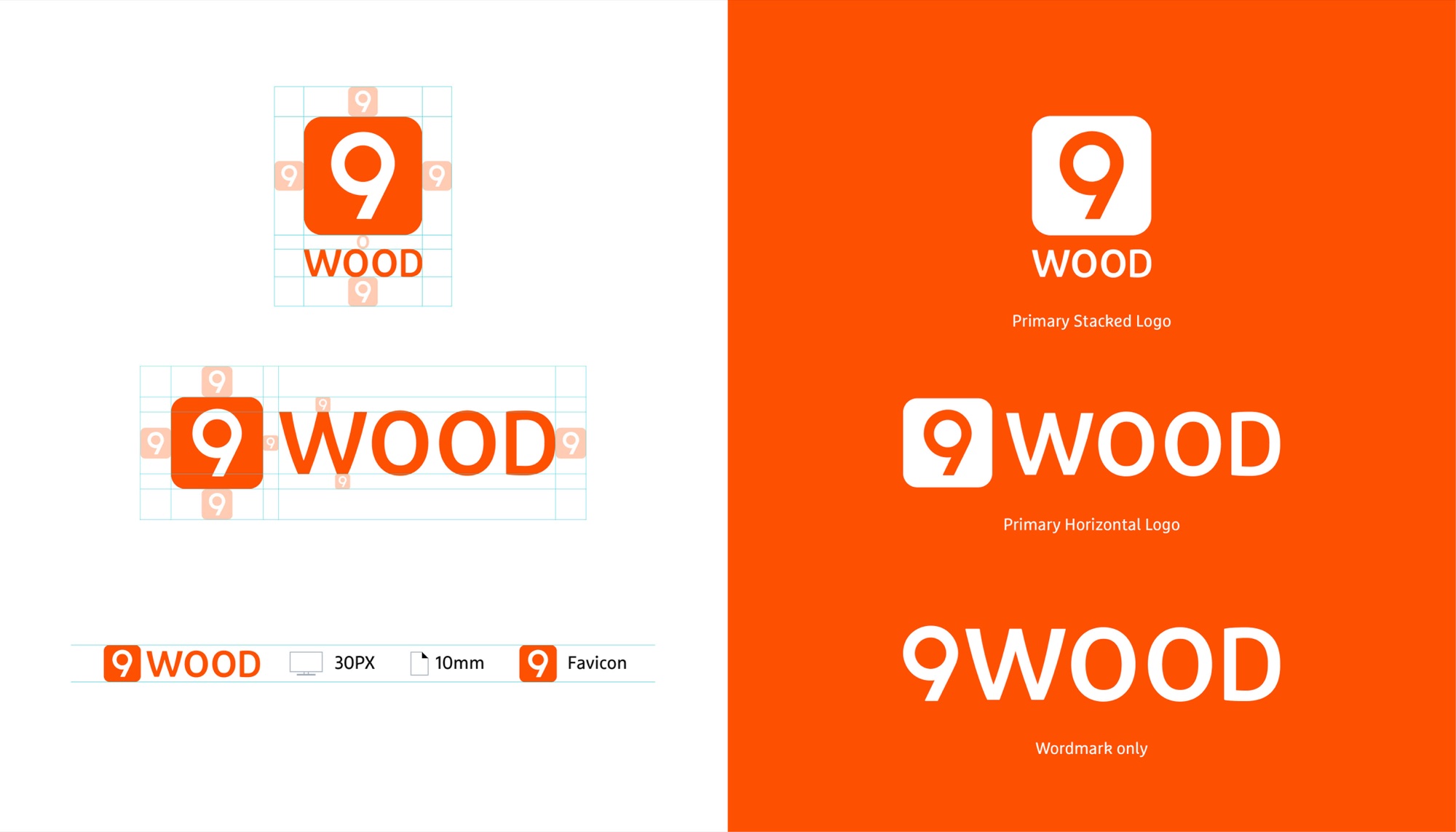 Logo construction and lockups: the stacked and horizontal marks drawn on a grid with clear-space defined by repeated 9 icons, minimum sizes given as 30px on screen, 10mm in print and a favicon, and the primary stacked, primary horizontal and wordmark-only versions reversed in white on orange