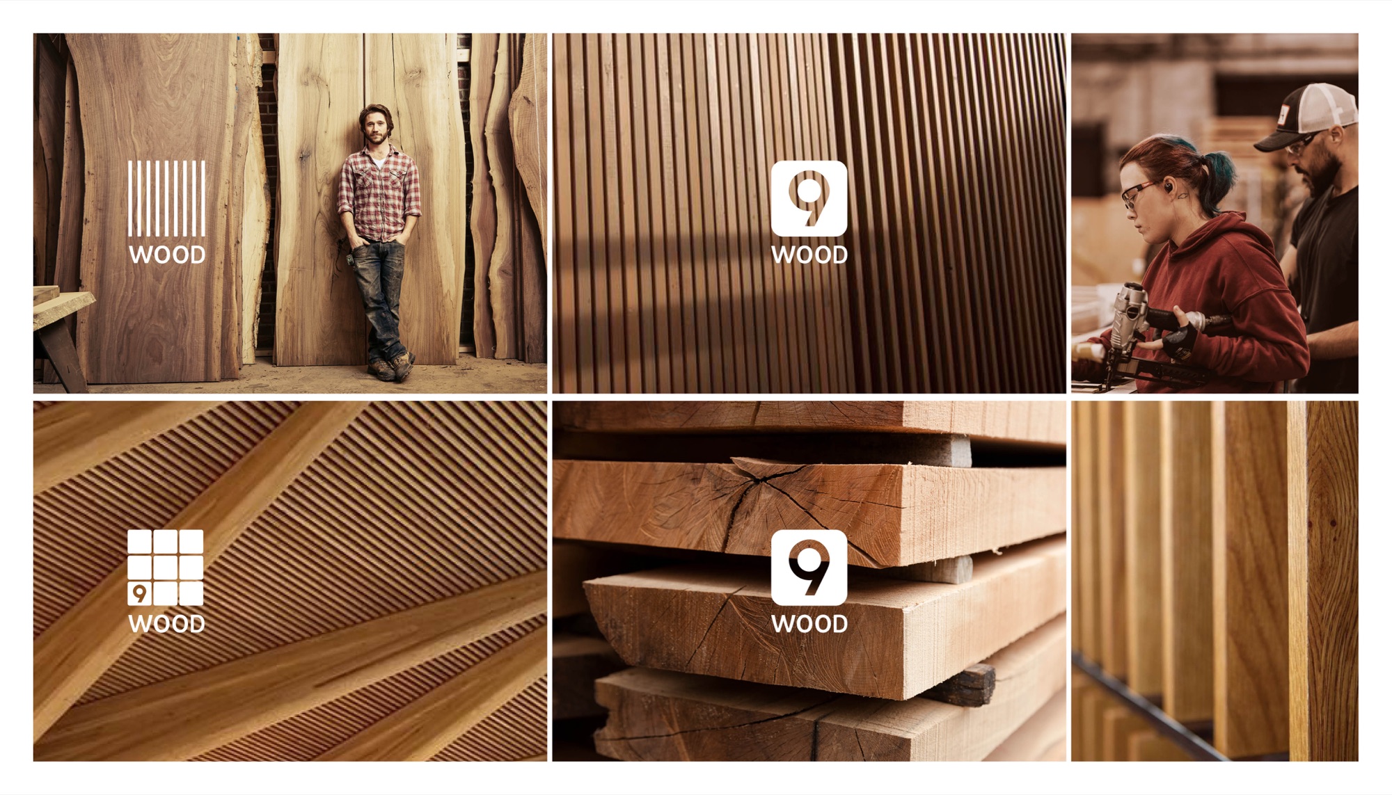 Photography and logo application grid: a craftsman leaning against live-edge slabs with the planks mark reversed in white, a close-up of a slatted ceiling carrying the 9 icon, workshop staff nailing panels, an angled fluted ceiling with the nine-square palette mark, stacked cedar beams with the stacked logo, and a detail of vertical oak battens