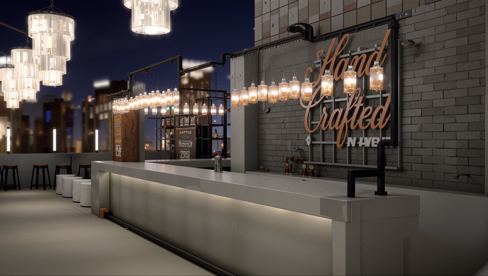 Absolut Elyx rooftop bar at dusk: a long poured-concrete counter lit from beneath, a run of bottle-shaped pendant lamps, and Hand Crafted in copper script mounted on a steel grid against the brickwork