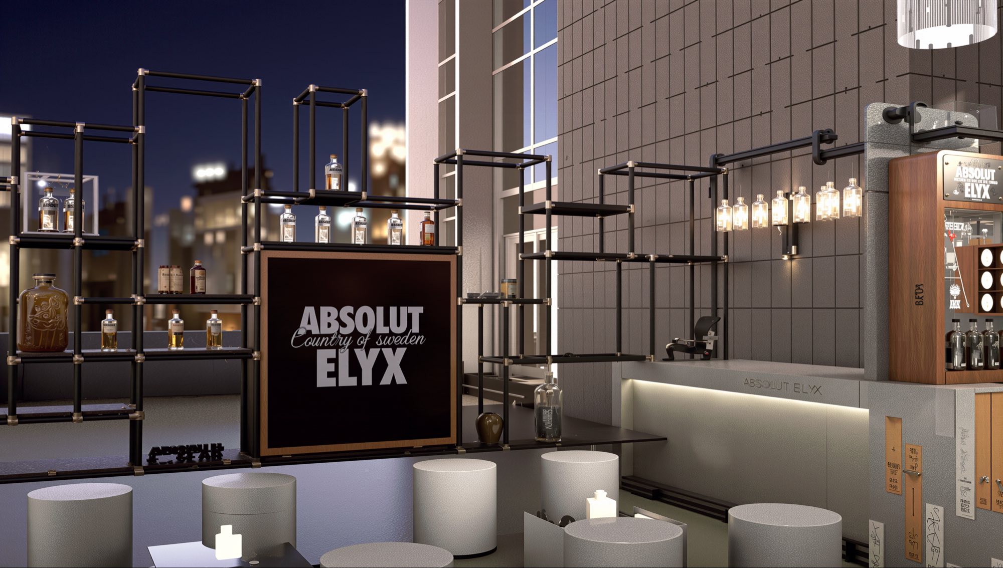 The rooftop bar against the city at night — blackened steel modular shelving carrying Absolut bottles, a backlit Absolut Elyx panel, and leather-topped stools along the counter