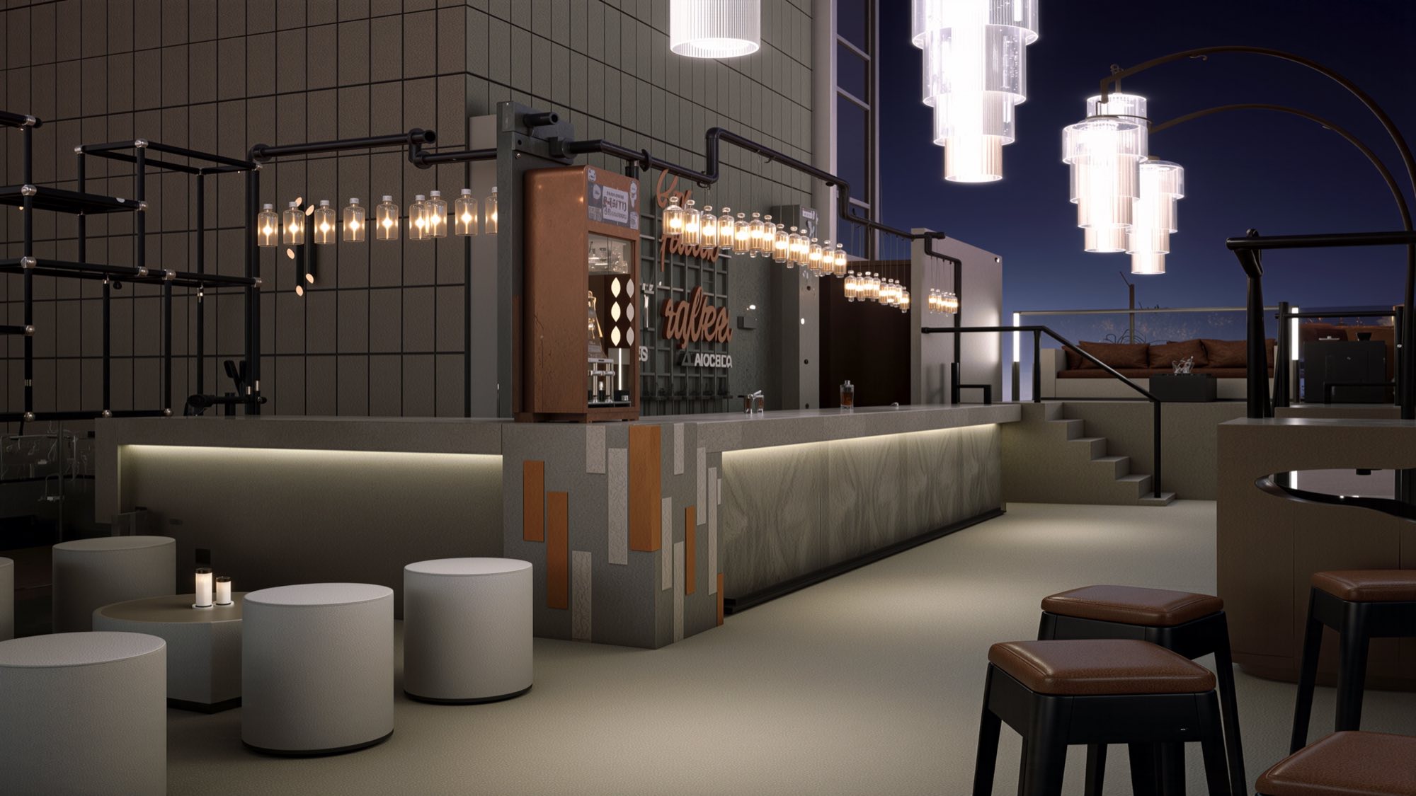 A wider view of the terrace: the bar run with its copper and stone inlay, fluted glass chandeliers overhead, pale drum stools and a banquette looking out over the skyline