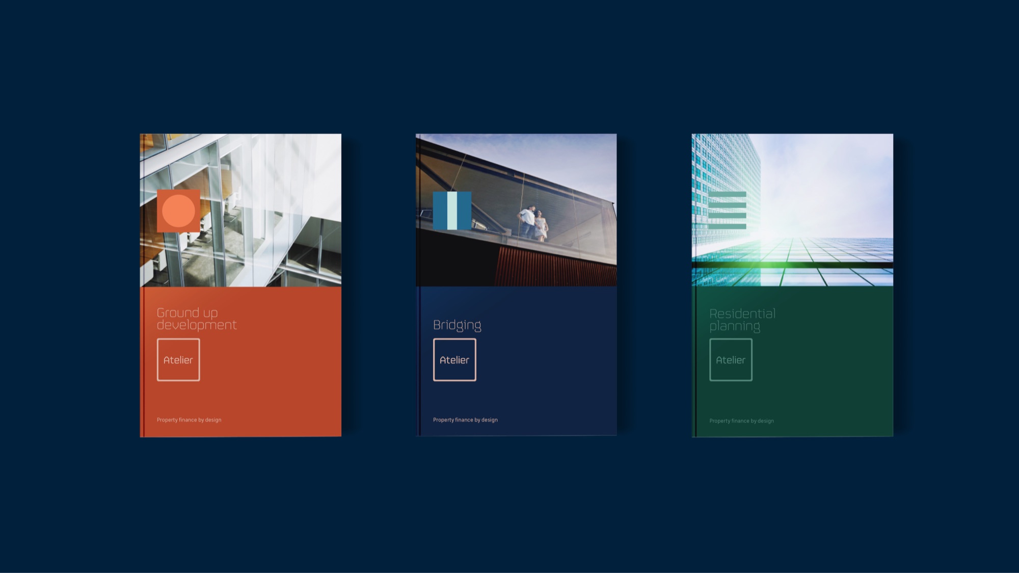 Three product brochures on navy — Ground up development in orange, Bridging in navy and Residential planning in green — each pairing an architectural photograph with a geometric colour mark, the Atelier square logo and the line Property finance by design