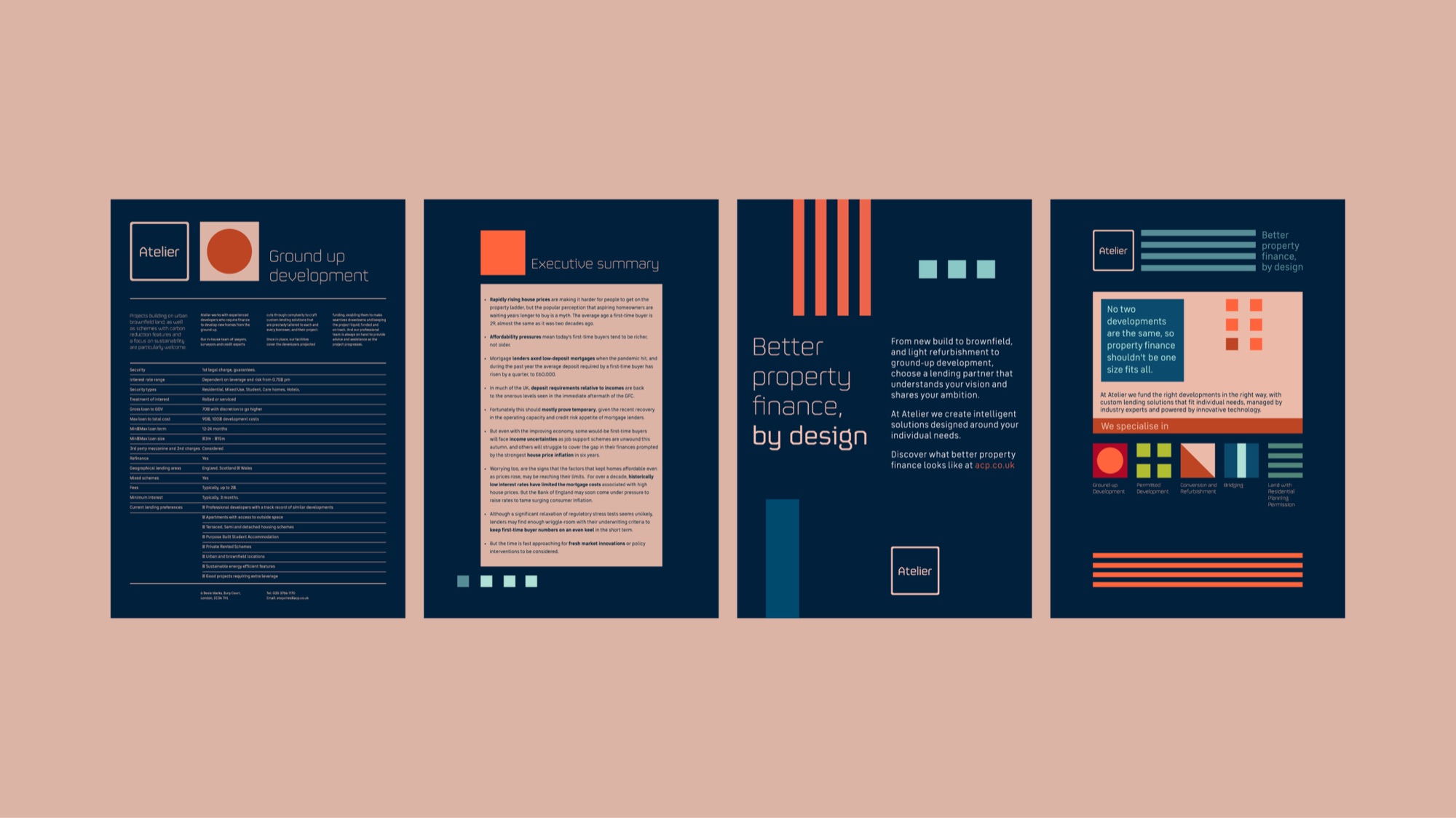 Four navy collateral sheets on blush: a Ground up development lending criteria table, an executive summary of first-time buyer affordability, a Better property finance, by design spread with orange bars, and a capability sheet reading No two developments are the same, so property finance shouldn’t be one size fits all, listing the five lending specialisms