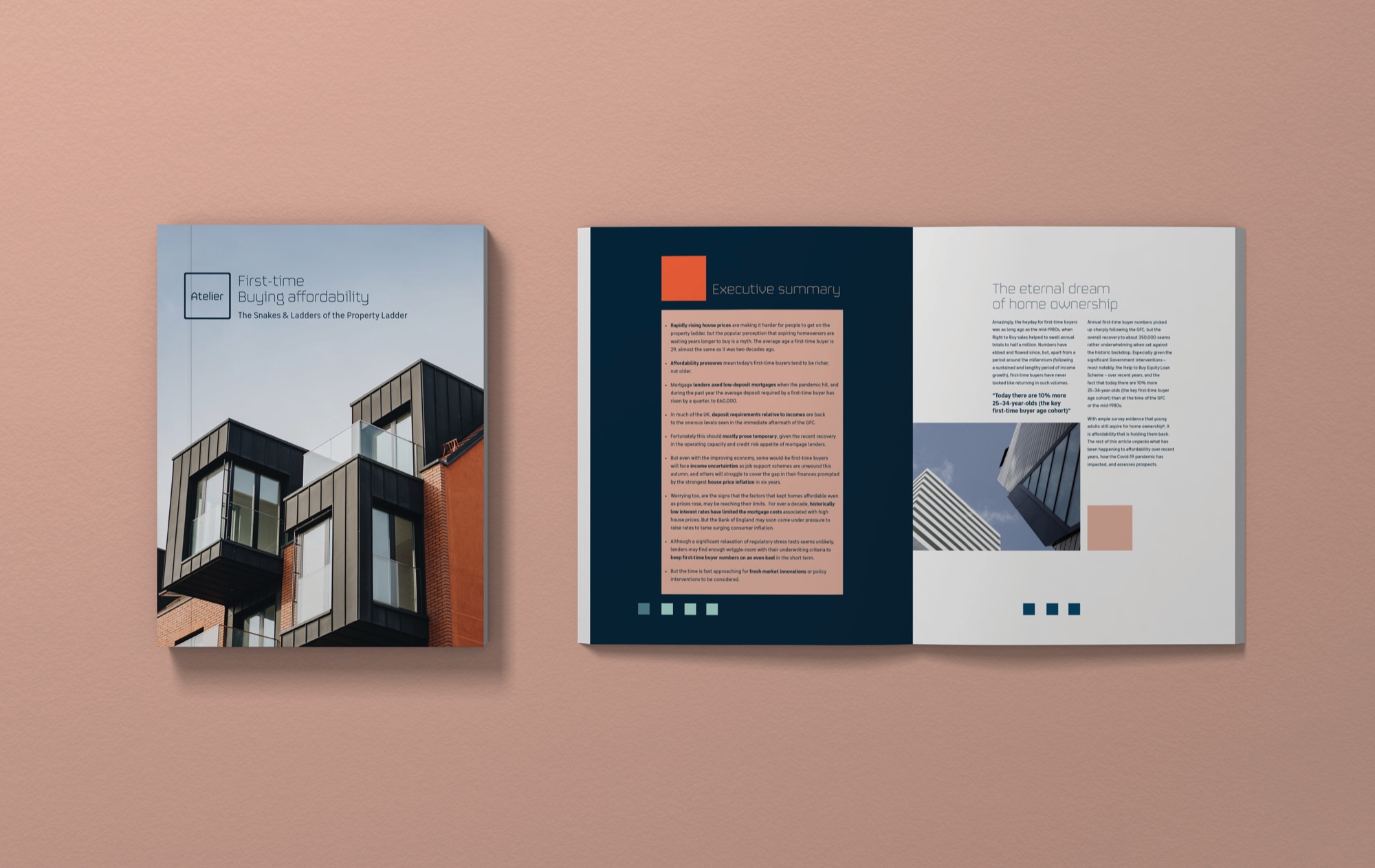 First-time Buying affordability report — The Snakes and Ladders of the Property Ladder — cover showing contemporary apartments, beside an open spread with an executive summary in a blush panel and the heading The eternal dream of home ownership