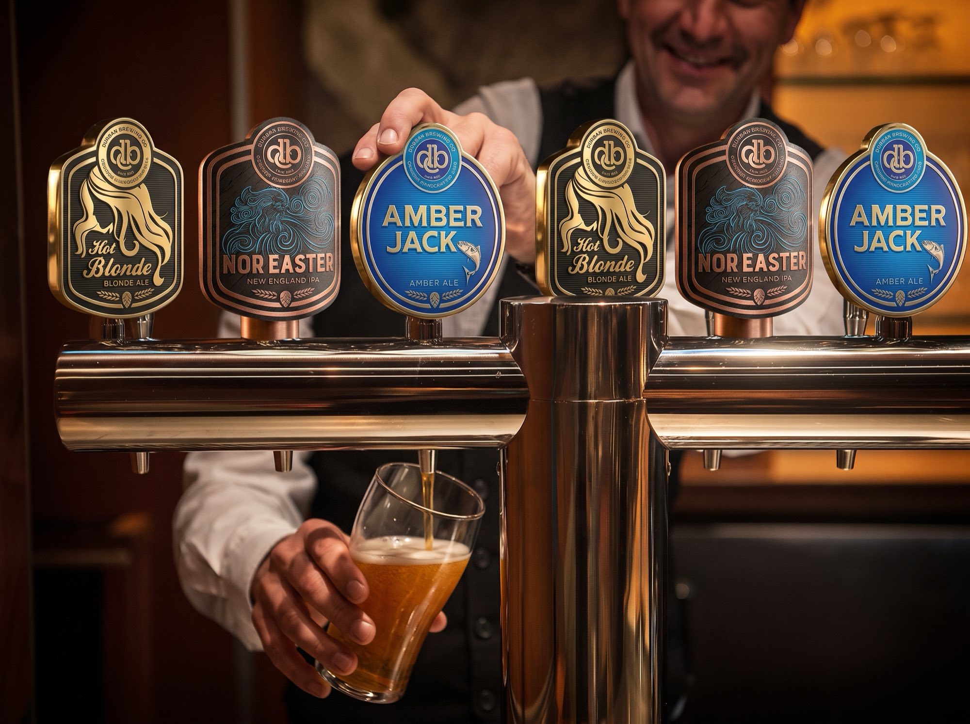 A bartender pulling a glass at a polished tap tower fitted with Hot Blonde, Nor’Easter and Amber Jack badges, each keeping its own colourway — gold, copper and blue