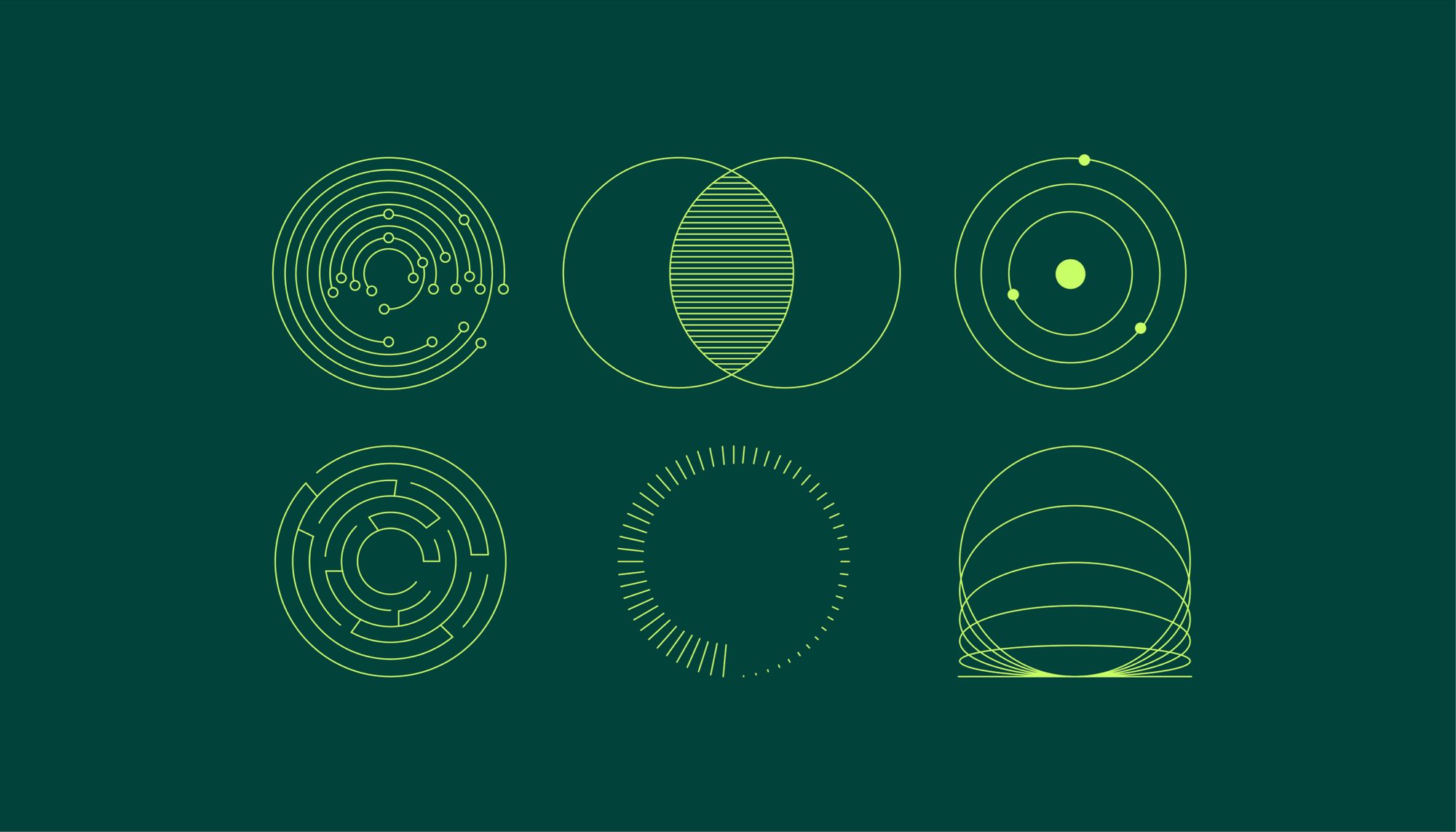 Six circular line illustrations in acid lime on dark green — a spiral of connected nodes, an overlapping Venn, an orbit, a maze, a dashed ring and a stacked dome