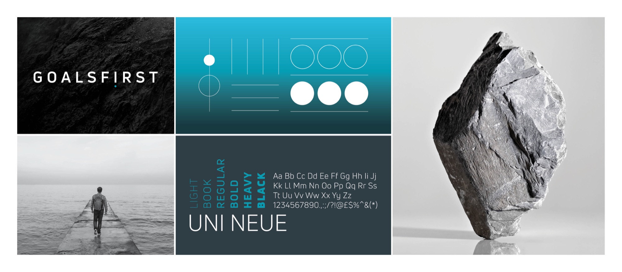 Brand summary grid: the wordmark over a dark rock face, a cyan gradient panel of line-and-circle graphic marks, a figure walking a pier into open water, the Uni Neue type family shown in Light through Black with its alphabet and numerals, and a balanced standing stone on a pale ground
