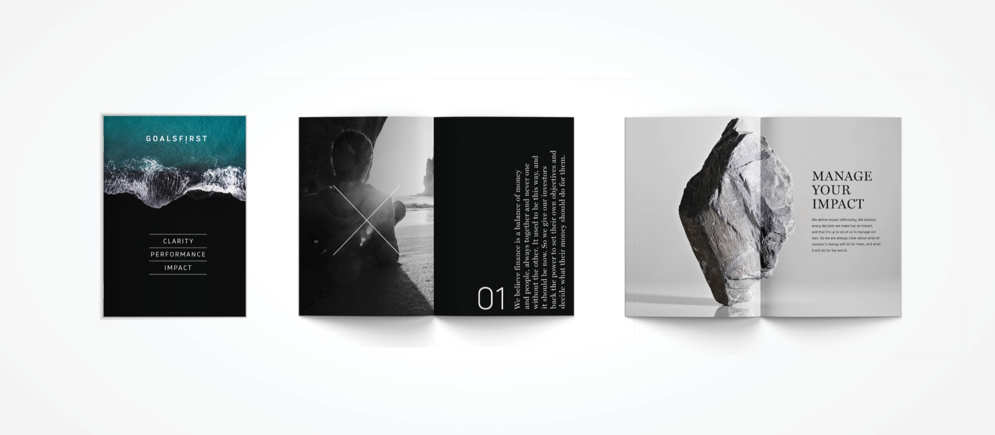 Brochure cover and two spreads: the cover pairing an aerial wave with Clarity, Performance, Impact; a spread with a child seated on a beach beneath a large X and numbered section 01 set in vertical type; and a spread with a balanced standing stone facing the heading Manage your impact