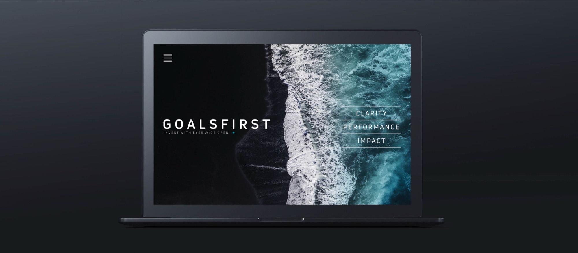 Laptop showing the homepage: the wordmark and the line Invest with eyes wide open on black, the aerial wave filling the right, and the three pillars stacked between rules