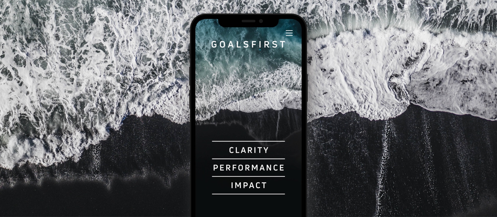 Phone showing the mobile homepage, the wordmark over surf at the top and Clarity, Performance, Impact stacked below, set against the same aerial wave photograph enlarged behind