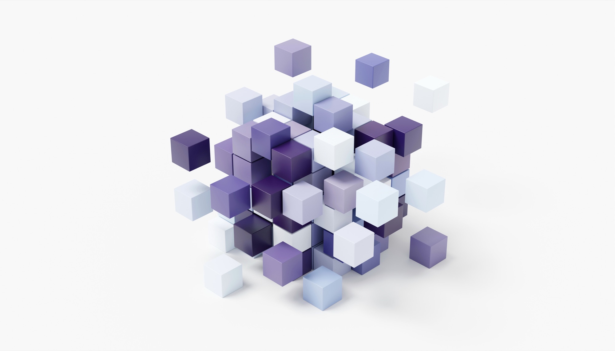 A loose cube of smaller cubes floating apart on near-white, graded from deep violet through periwinkle to white