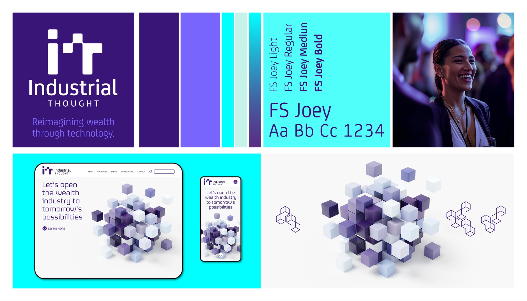 Industrial Thought brand summary board: the i-T mark in white on deep violet with “Reimagining wealth through technology.”, the violet, periwinkle and cyan palette, an FS Joey type specimen in four weights, a delegate at an event, the website and mobile site reading “Let’s open the wealth industry to tomorrow’s possibilities”, and the cube cluster beside outline versions of the mark