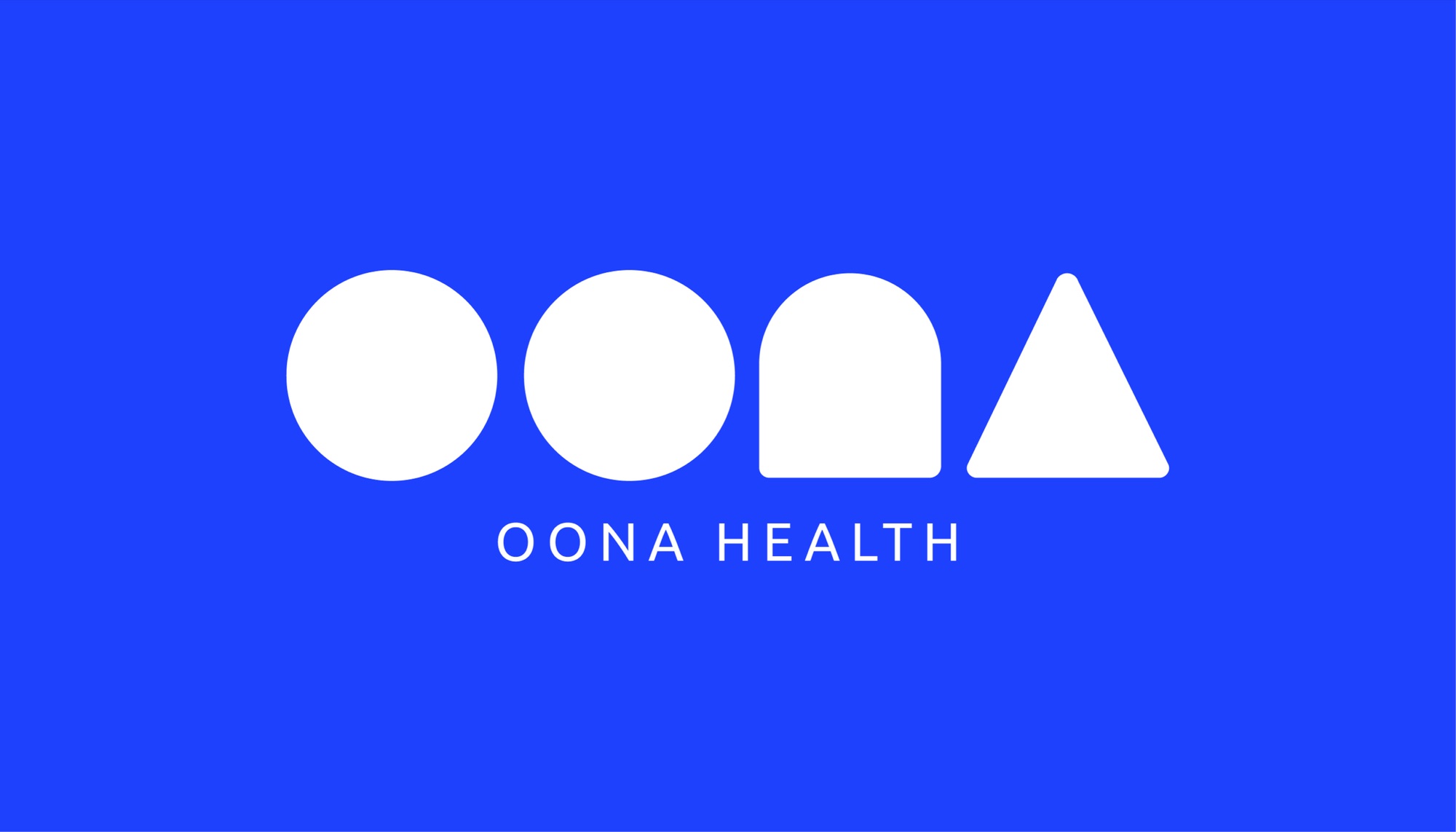 The Oona Health logo in white on brand blue: four shapes — circle, circle, arch and triangle — spelling OONA, with OONA HEALTH letterspaced beneath