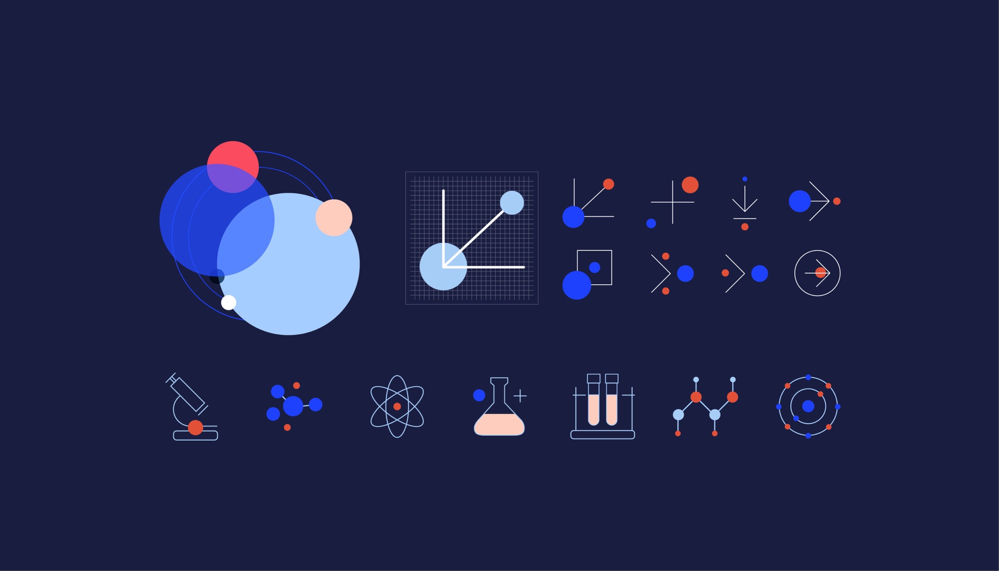 The icon system on navy: overlapping translucent circles, a plotted graph, abstract data marks, and line icons for a microscope, molecule, atom, flask, test tubes and orbit