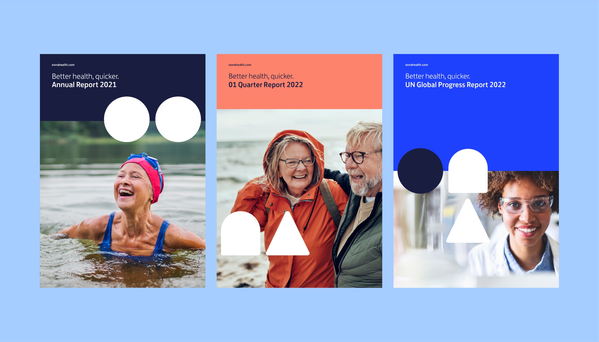 Three report covers on pale blue: Annual Report 2021 over a laughing open-water swimmer, 01 Quarter Report 2022 in coral over an older couple on a beach, and UN Global Progress Report 2022 over a lab technician