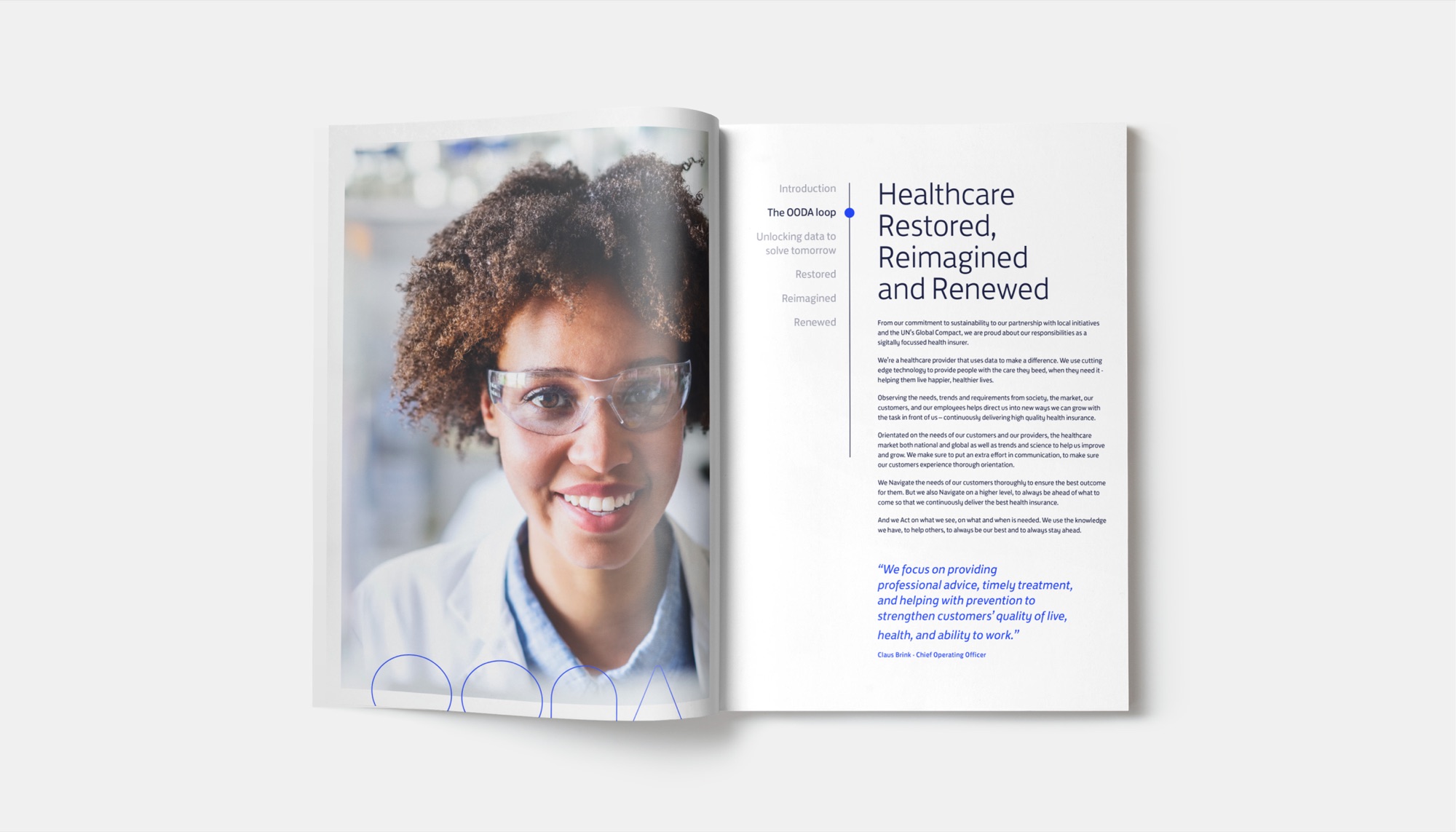 An open report spread: a full-bleed portrait of a technician in safety glasses on the left, and on the right a contents rail beside the heading “Healthcare Restored, Reimagined and Renewed” with body copy and a quote from the Chief Operating Officer