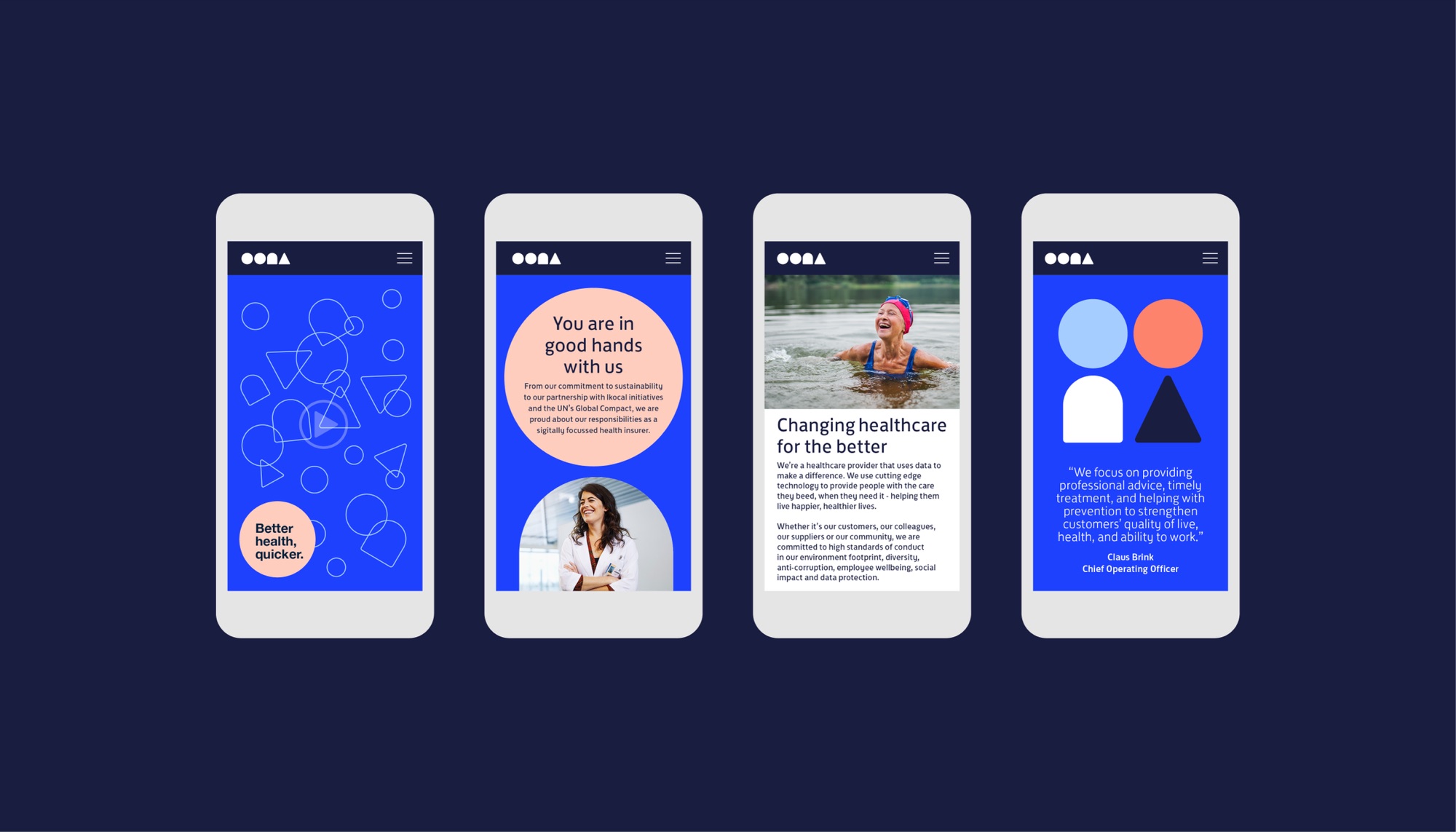 Four phone screens on navy: an outline-shape pattern with “Better health, quicker.” in a coral circle, a “You are in good hands with us” panel, an article headed “Changing healthcare for the better”, and a quote screen