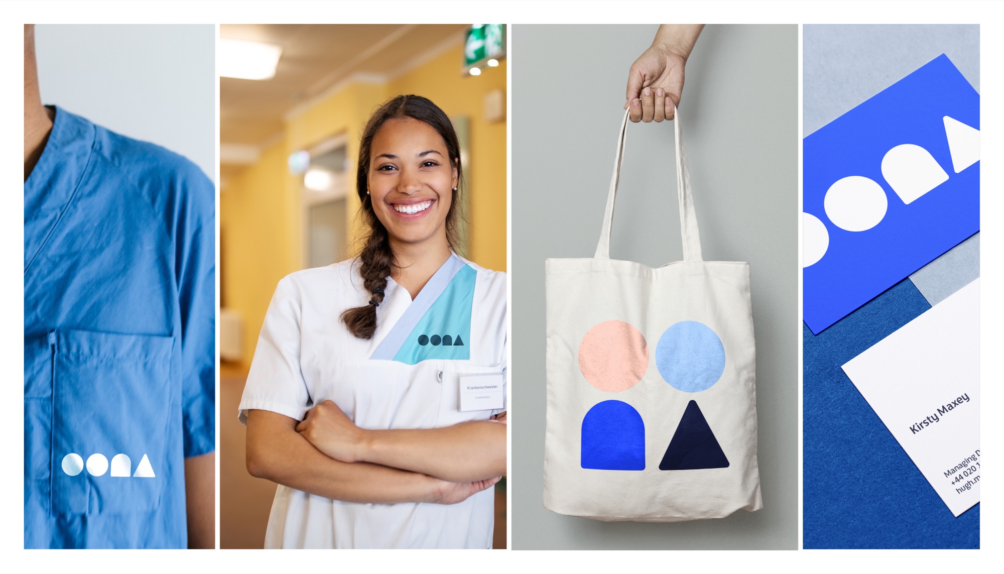 Four applications: the shape mark on blue scrubs, a nurse in a branded tunic, a canvas tote carrying the four shapes in coral, pale blue, blue and navy, and stationery with a business card