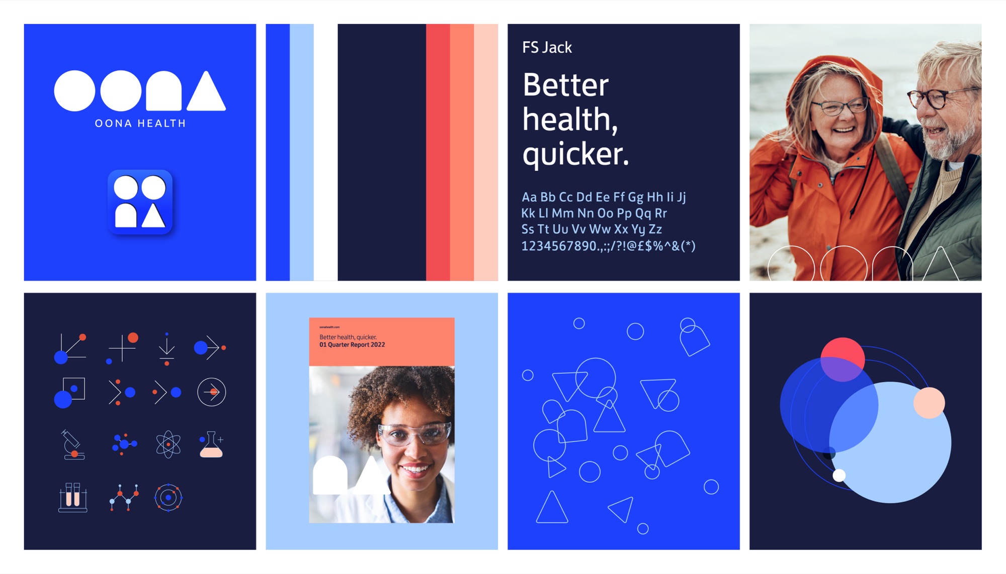 The brand system on one board: the logo and app icon, the blue, navy, red and pink palette, an FS Jack type specimen, the icon set, a report cover, the outline-shape pattern and the overlapping-circle motif