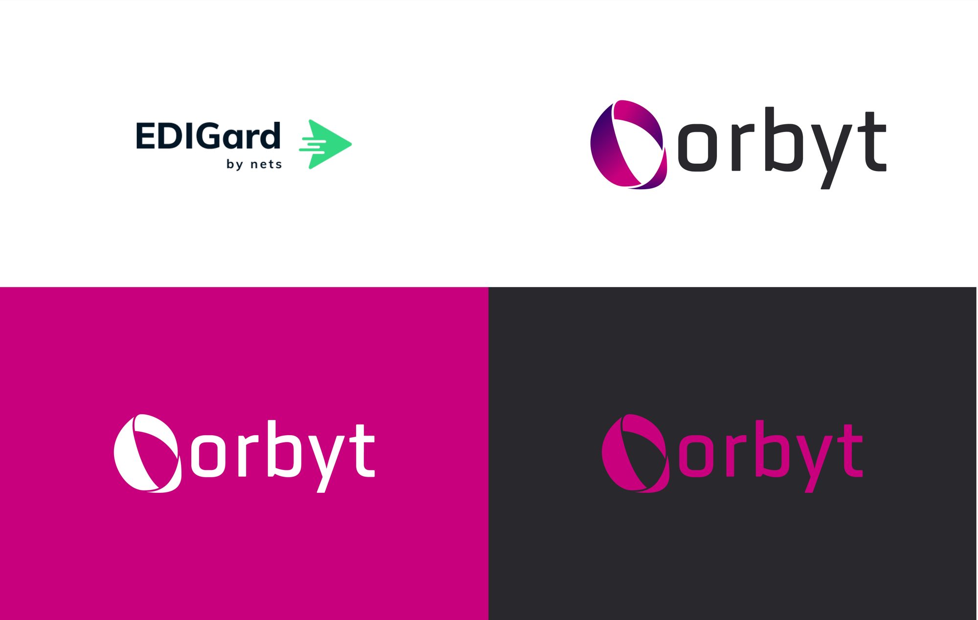 The rebrand: the old EDIGard by nets logo with its green arrow, beside the new orbyt wordmark whose O is a magenta-to-purple sphere, shown reversed on magenta and on charcoal