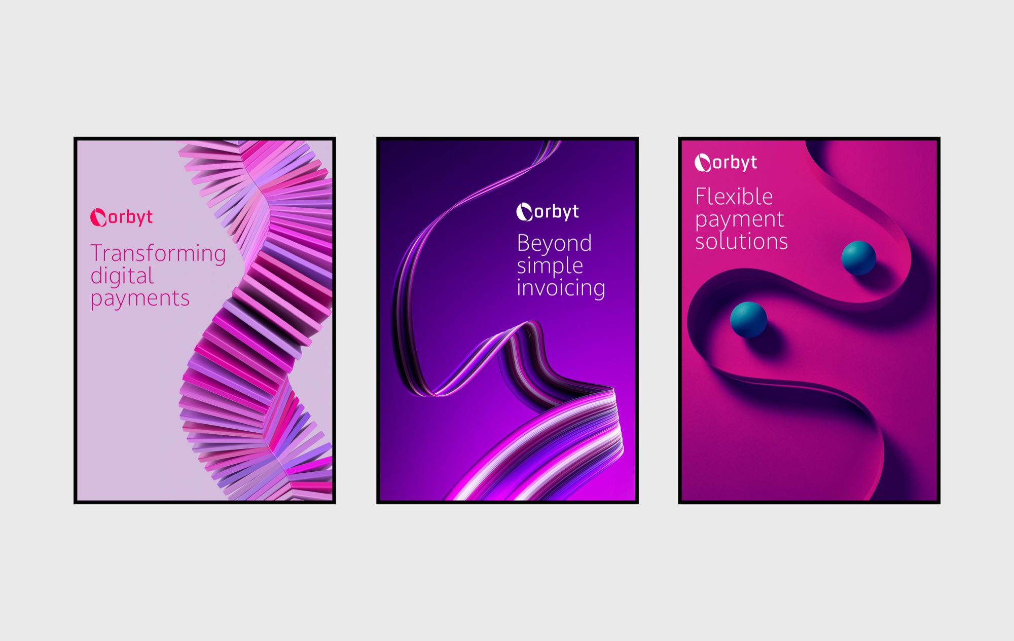 Three framed posters: “Transforming digital payments” over a pleated pink form, “Beyond simple invoicing” over a purple ribbon, and “Flexible payment solutions” over magenta curves with teal spheres