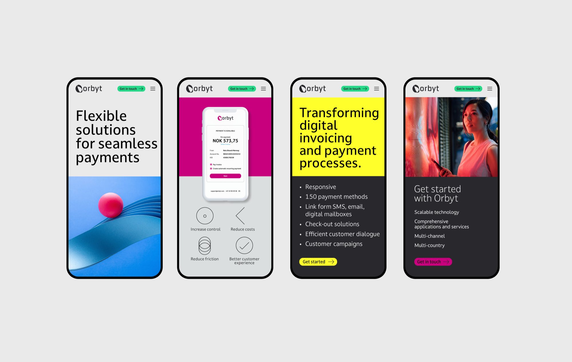 Four phone screens: “Flexible solutions for seamless payments”, an invoice payment flow with benefit icons, a yellow “Transforming digital invoicing and payment processes” list, and a “Get started with Orbyt” panel