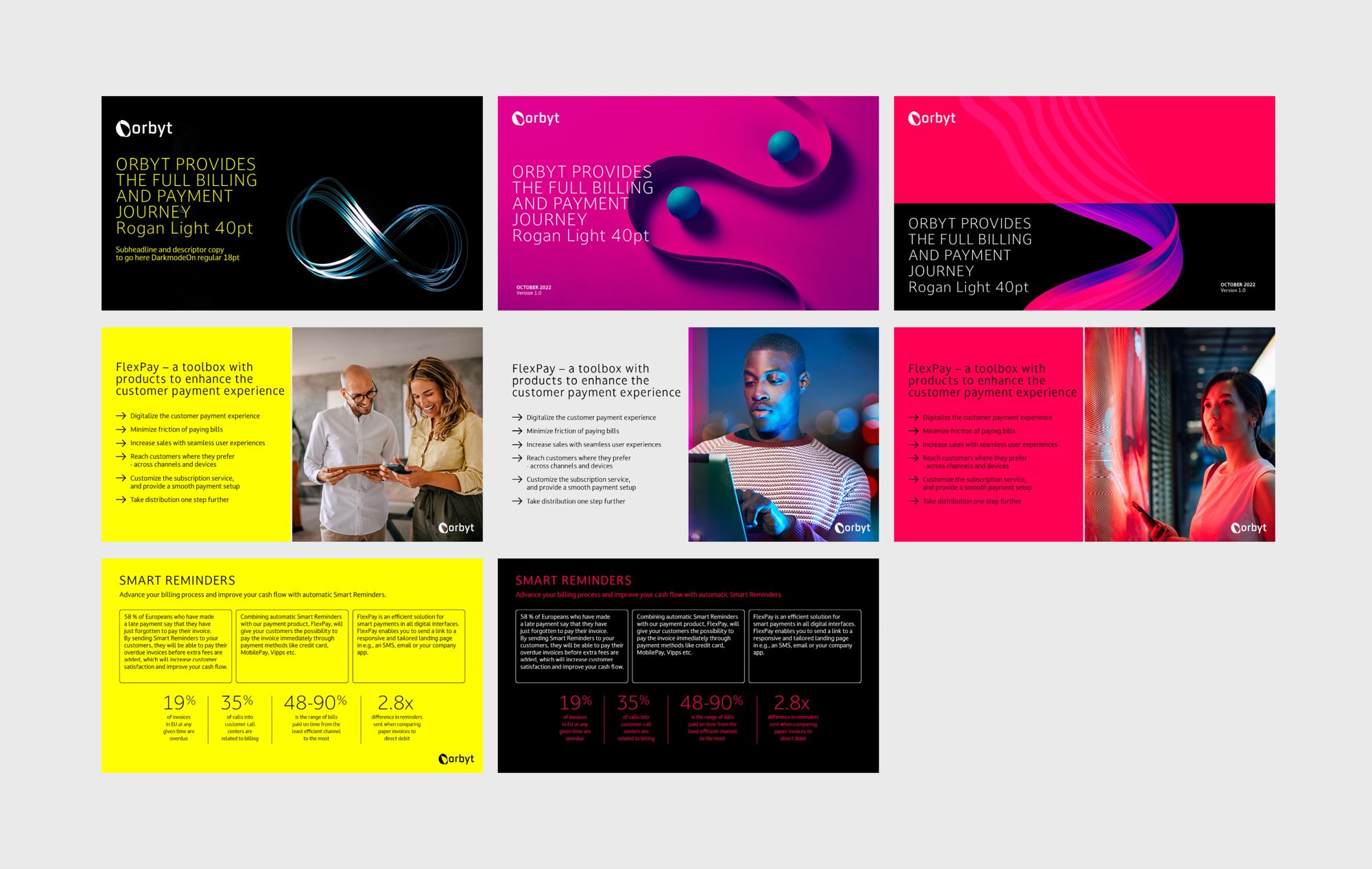 Presentation templates in three colourways — black, magenta and pink — with title slides, FlexPay toolbox pages over photography, and Smart Reminders slides carrying statistics