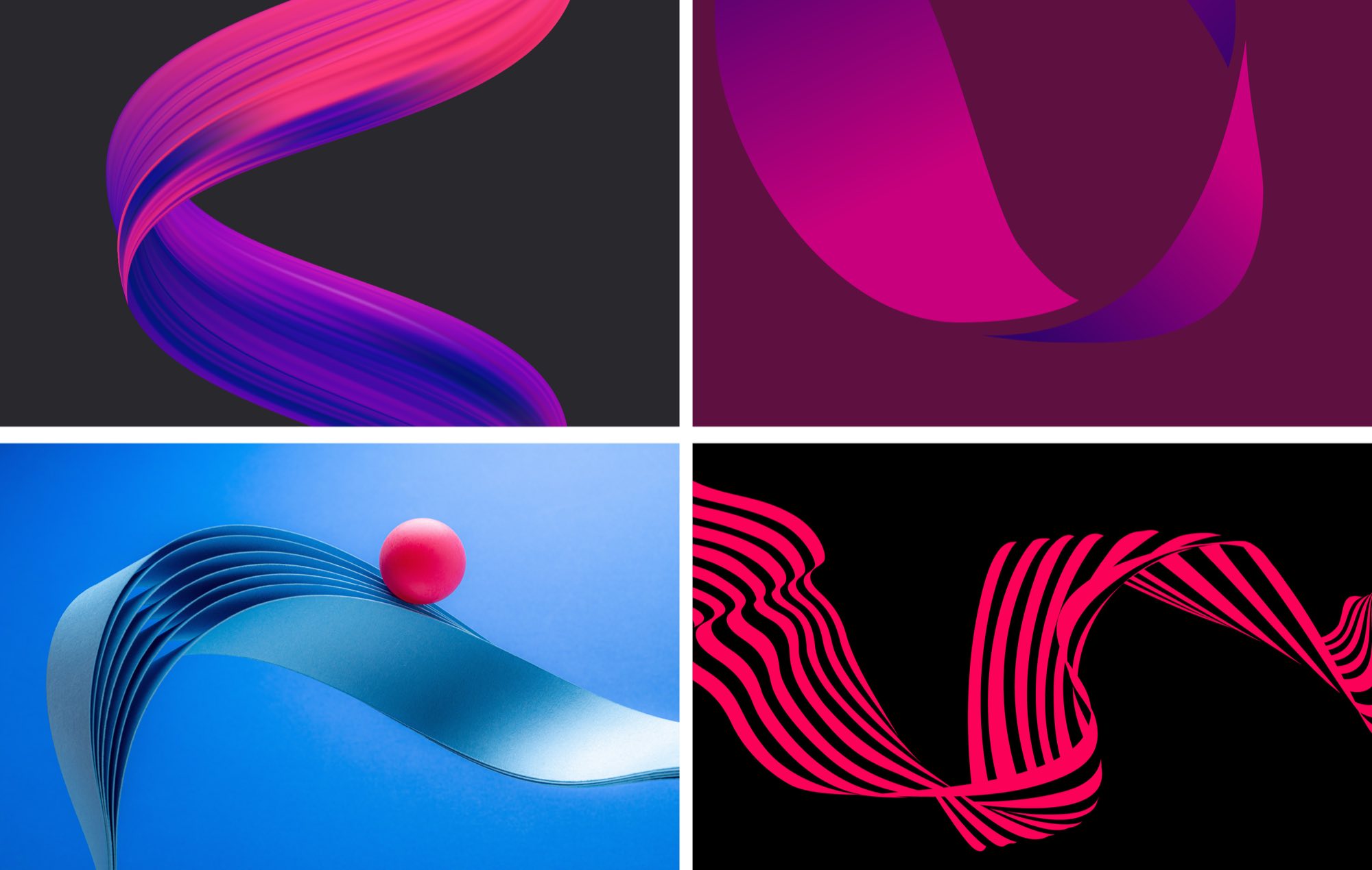 Four art-direction crops: a pink and violet ribbon on charcoal, an abstract magenta curve, blue paper with a pink sphere, and a striped pink form on black