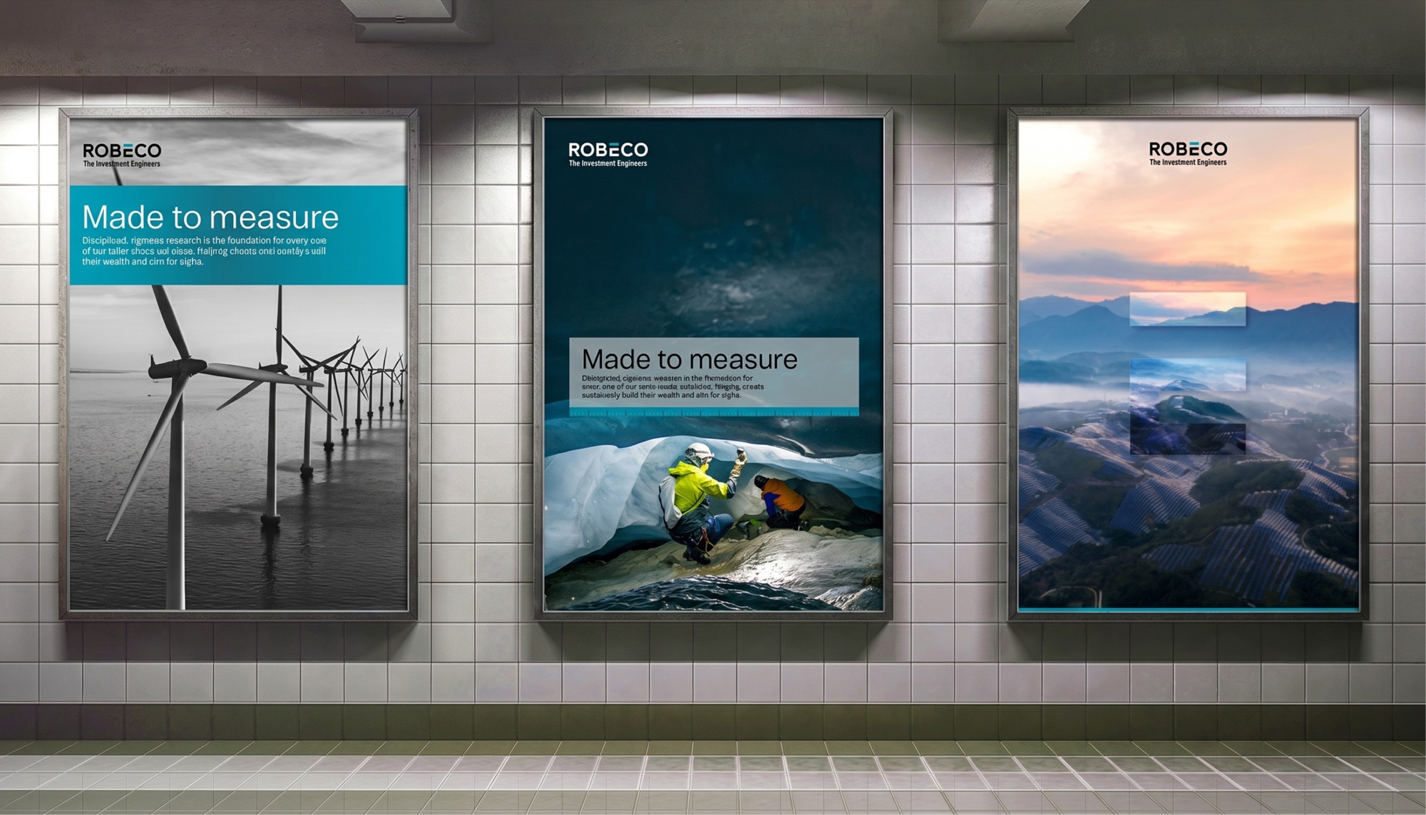 Three underground posters in a tiled station: the wind farm with a cyan Made to measure band, the ice cavers with the headline in a pale blue panel above a measurement rule, and the mountain solar landscape at dusk with the E device