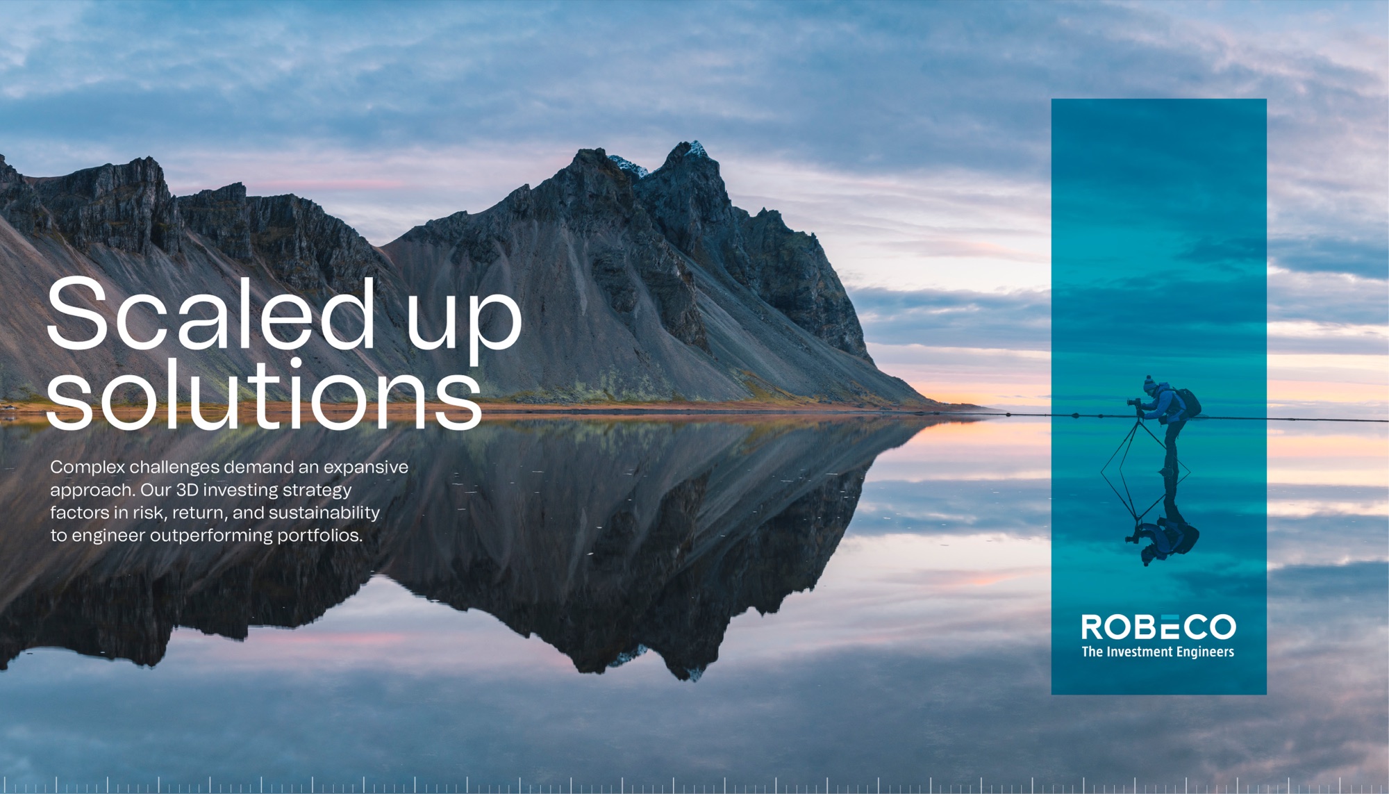 Wide landscape execution: Scaled up solutions over a mirror-still lake reflecting a dark mountain at dawn, with the 3D investing copy at lower left and a teal vertical panel to the right holding a photographer at the water’s edge and the ROBECO logo