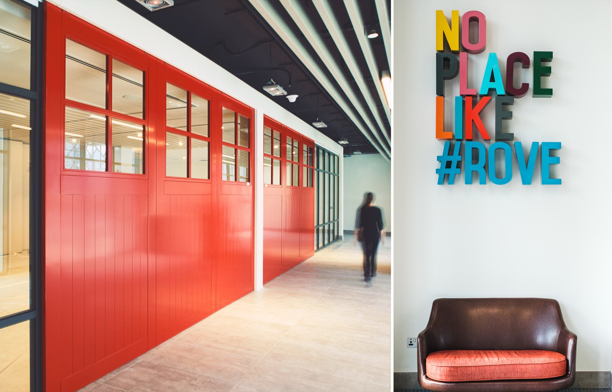 Two views: a corridor of bright red garage-style panelled doors with glazed upper lights under an exposed black ceiling, and a white wall carrying NO PLACE LIKE #ROVE in dimensional multicoloured letters above a brown leather sofa with an orange cushion