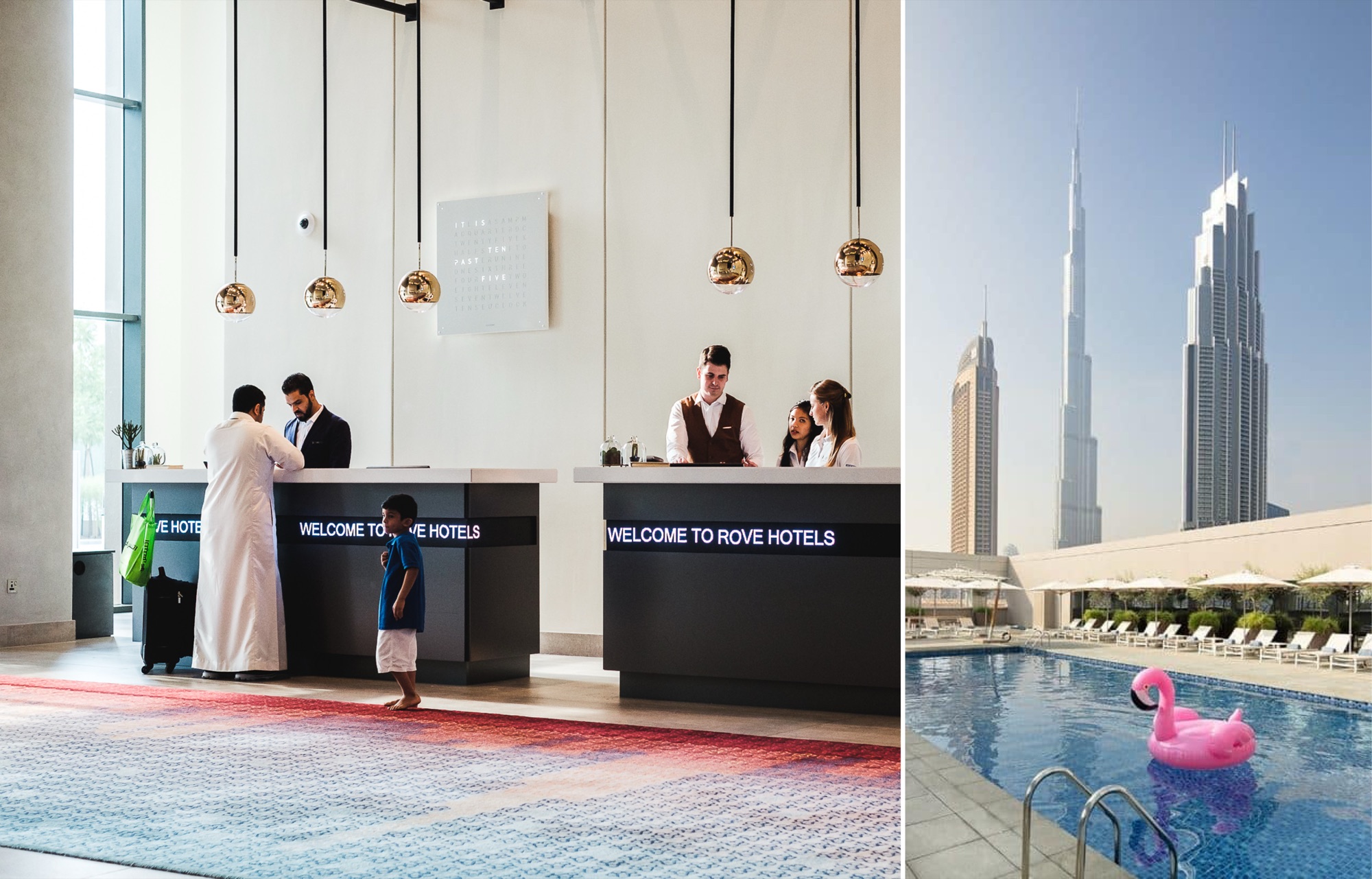 Two views: reception with WELCOME TO ROVE HOTELS running as an LED ticker along the desk fronts under copper globe pendants and a word clock, and the rooftop pool with a pink flamingo float, loungers and parasols against the Burj Khalifa