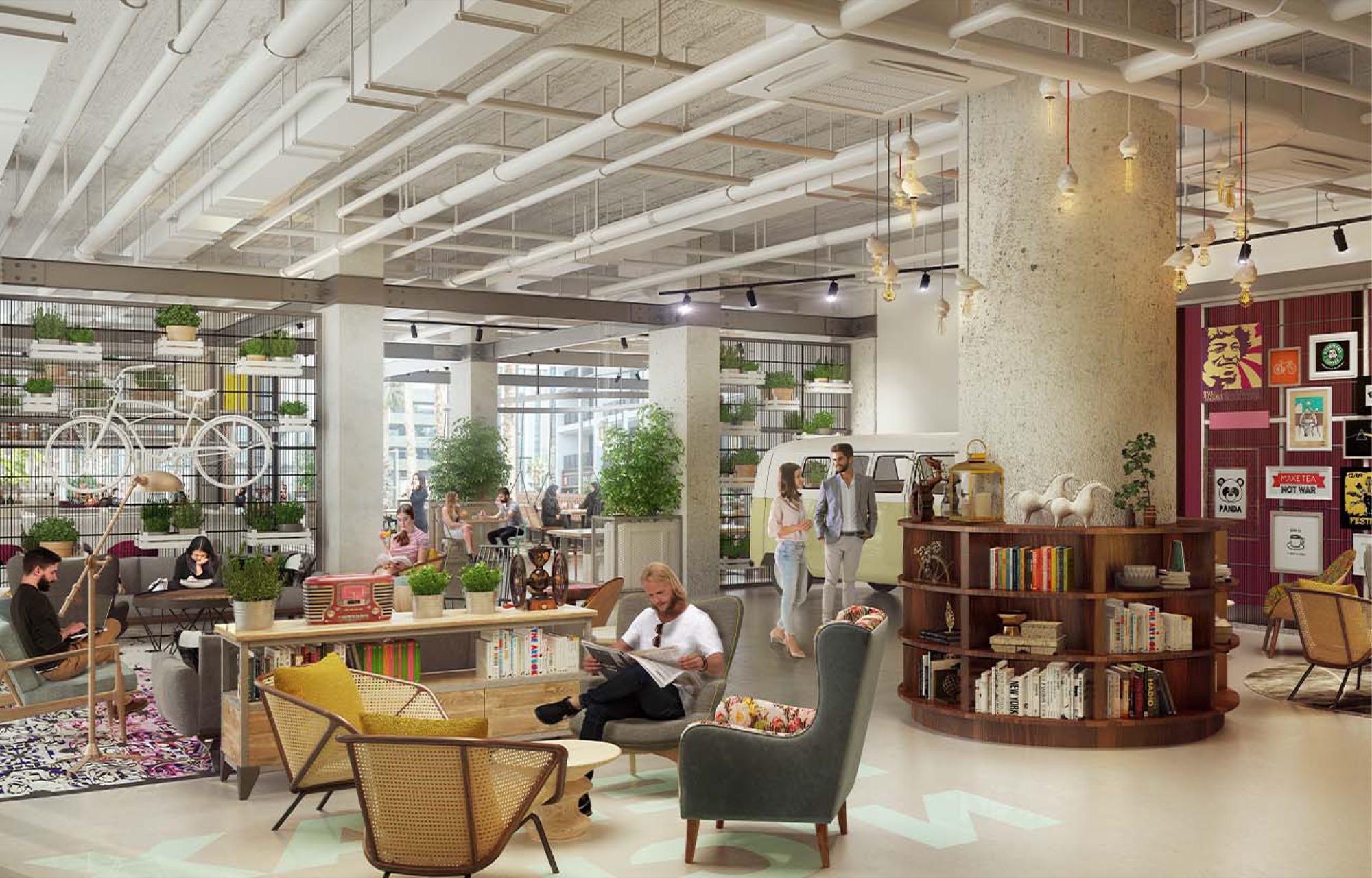 Co-working area render: guests reading and working among cane and wingback chairs, a white bicycle mounted on a planted mesh screen, a curved timber bookcase, a vintage camper van parked indoors and a magenta wall of framed music and travel posters