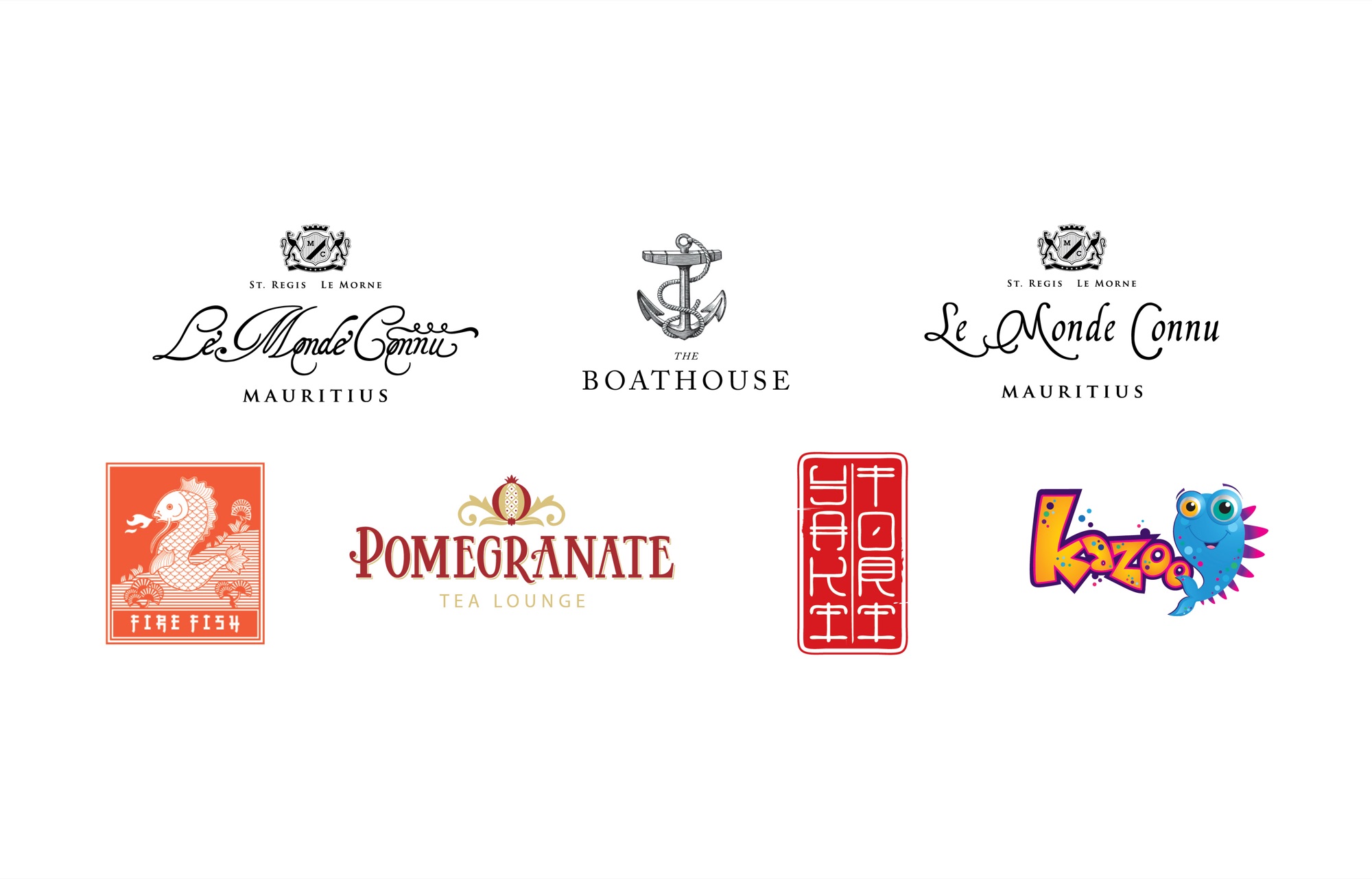 The resort's restaurant identities on white — Le Monde Connu in engraved script beneath a crest, The Boathouse under a rope-wound anchor, Fire Fish as a white koi on coral, Pomegranate Tea Lounge in red and gold, Yak as a red Chinese seal, and Kazoo as a cartoon fish