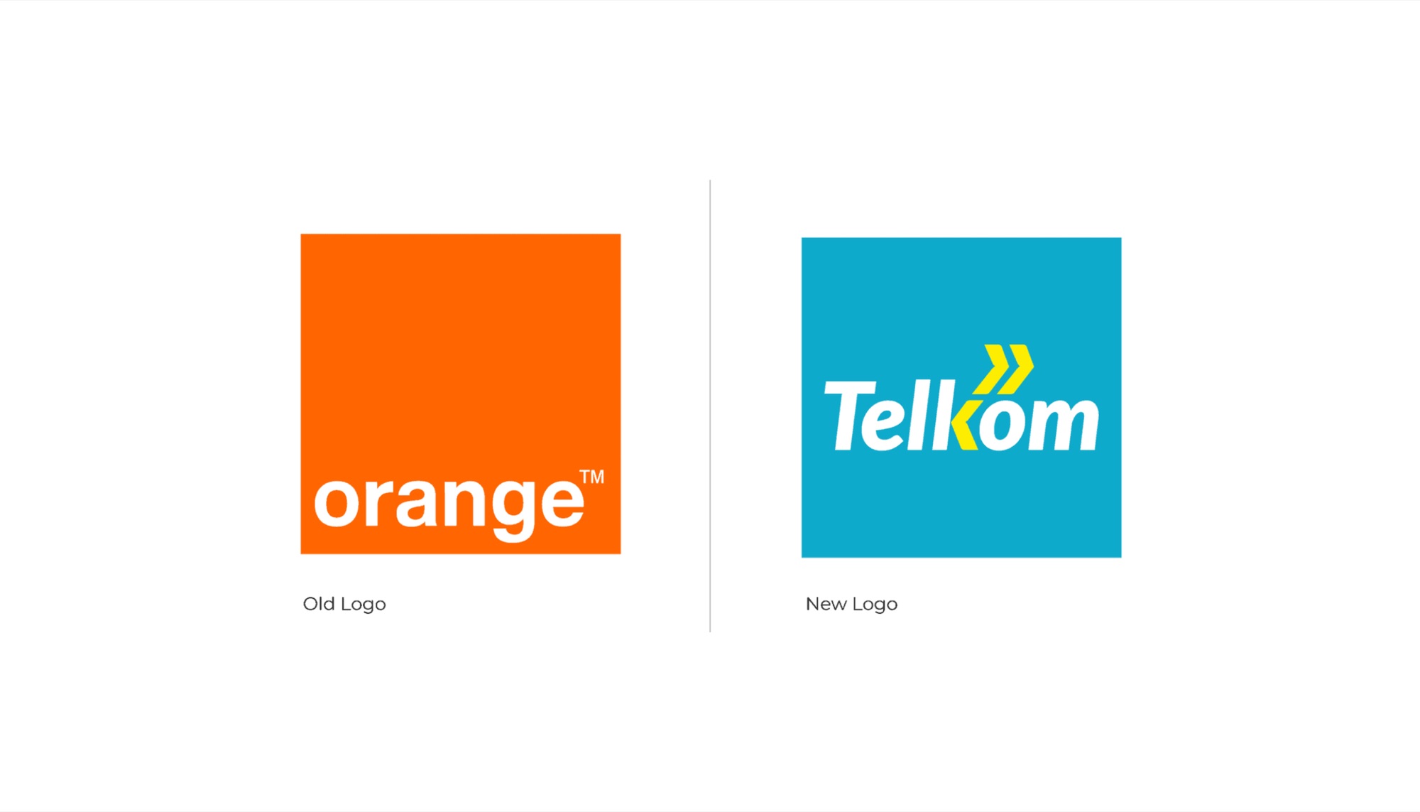 Old and new logo side by side: the previous Orange mark, a white lowercase wordmark on a solid orange square, next to the new Telkom mark in white italic on turquoise with two yellow chevrons rising from the K