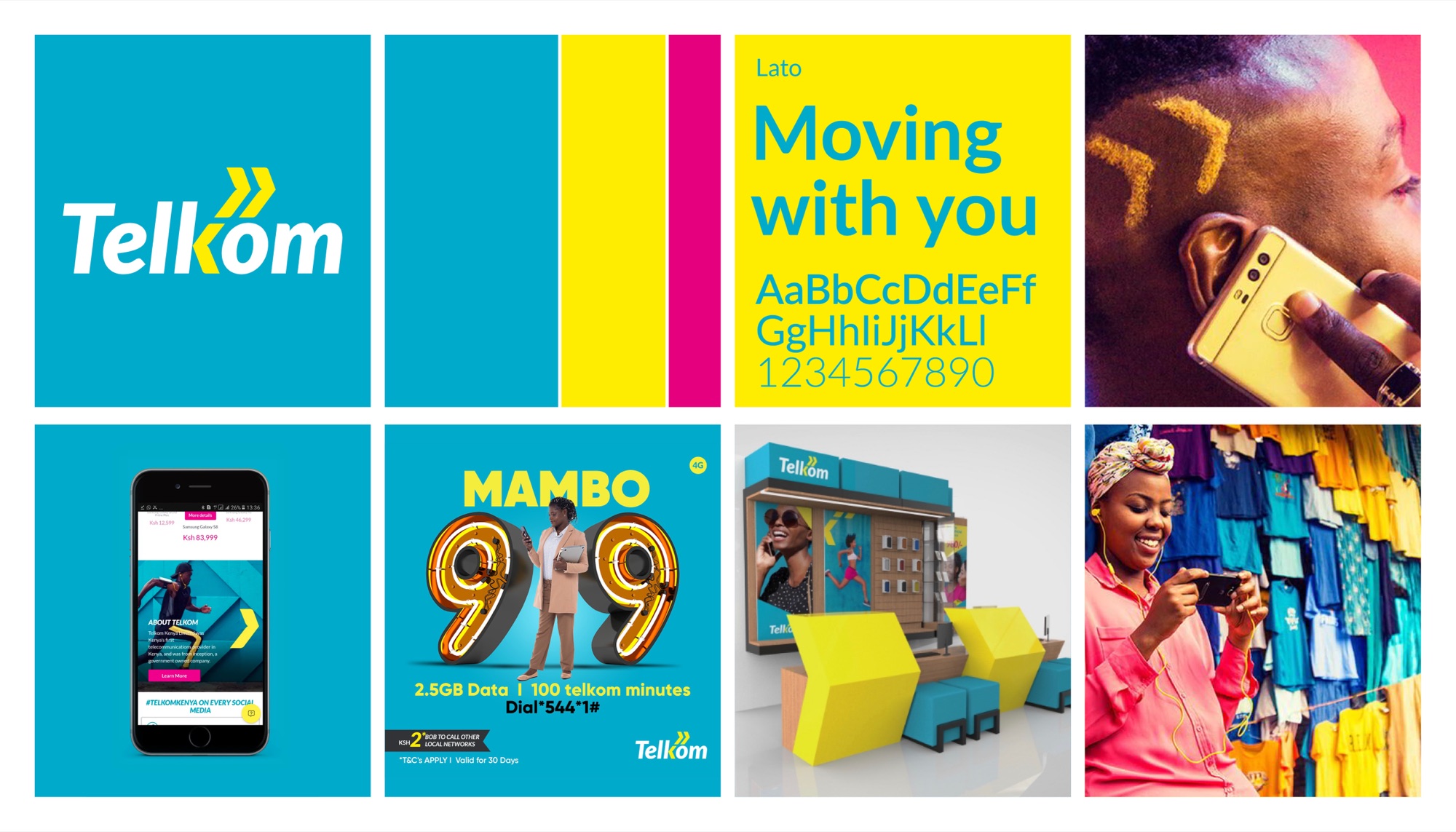 Brand summary grid: the logo on turquoise, the turquoise, yellow and magenta palette, Lato typography set as ‘Moving with you’ on yellow with an alphabet and numerals, a portrait with chevrons shaved into the hair, the mobile site, the Mambo 999 data offer, a retail counter render, and a woman listening to music at a clothing stall