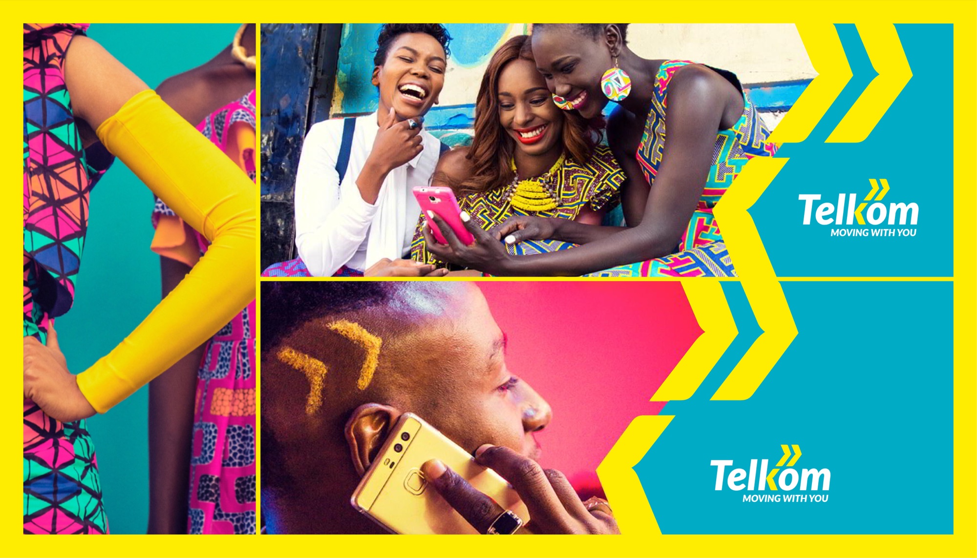Campaign collage framed in yellow: three women laughing over a pink phone in printed Kenyan dress, a man in profile with chevrons shaved into his hair holding a gold phone against magenta, and the Telkom Moving with you lockup on turquoise chevron panels
