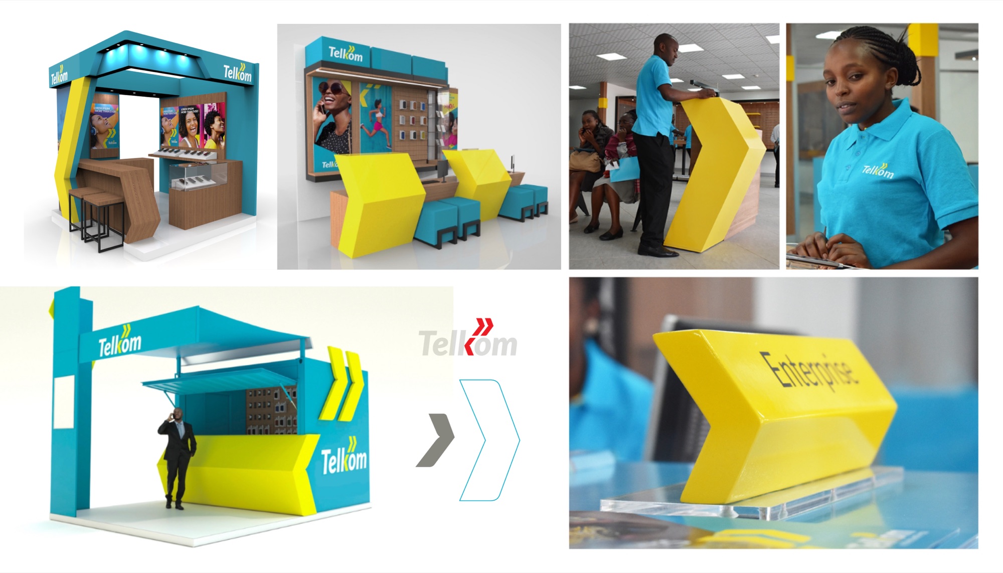 Retail furniture and fittings: renders of a turquoise and yellow branded kiosk, a wall bay with chevron-shaped counters and turquoise stools, staff in branded polo shirts at a yellow chevron desk, a street kiosk render, the chevron device shown evolving from the old grey and red mark to the new outline form, and an Enterprise desk in yellow