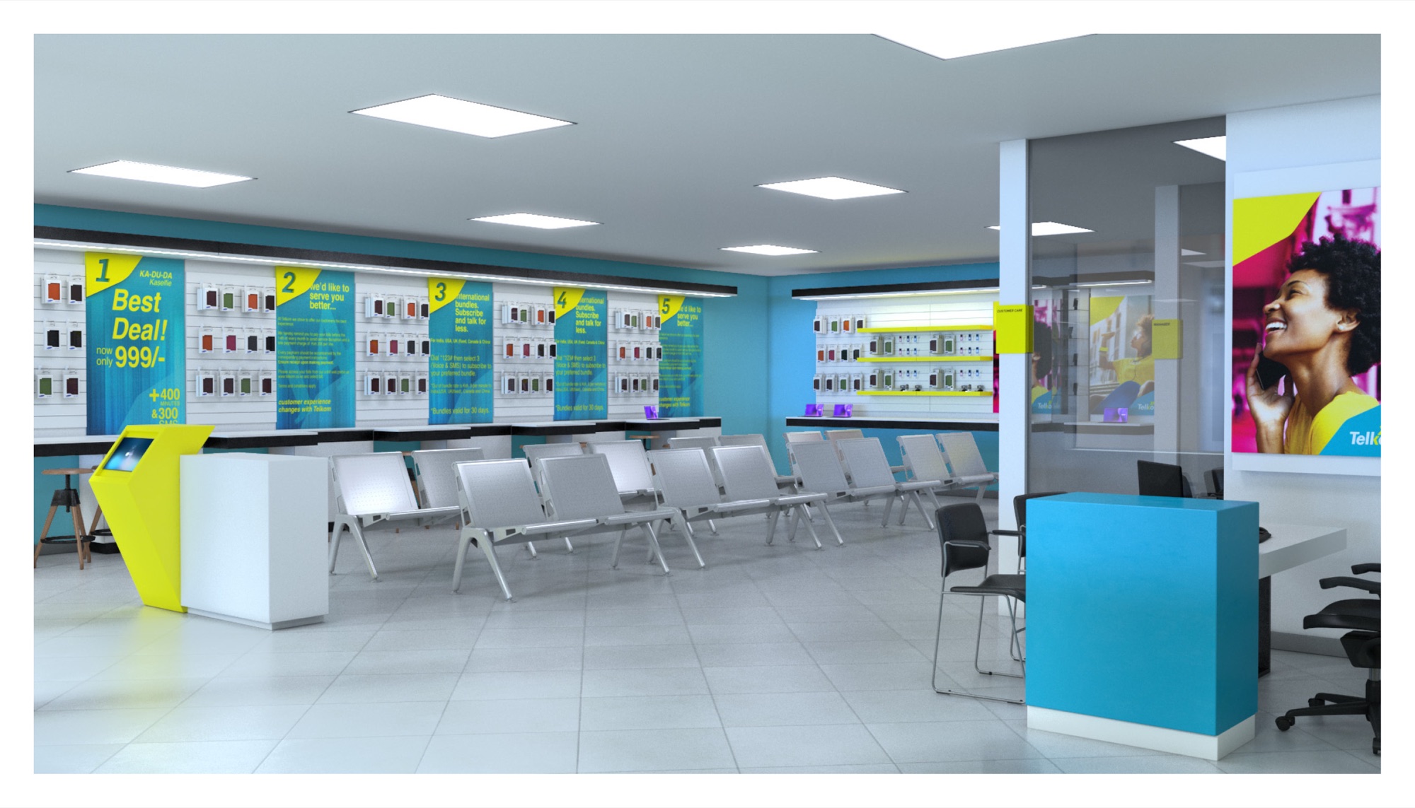 Store interior render: a long turquoise service counter beneath numbered yellow and turquoise offer posters, rows of handsets on white wall panels, grey waiting seats, a yellow chevron information kiosk and a magenta portrait lightbox by the entrance