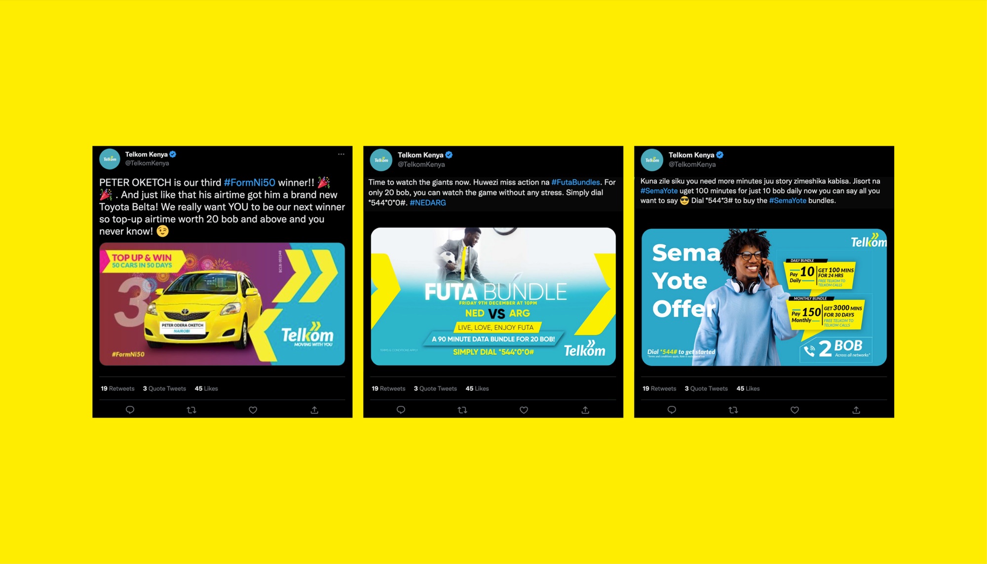 Three Telkom Kenya tweets on yellow: the third #FormNi50 winner with a yellow Toyota, the #FutaBundles match-day offer for the Netherlands versus Argentina game, and the #SemaYote minutes bundle