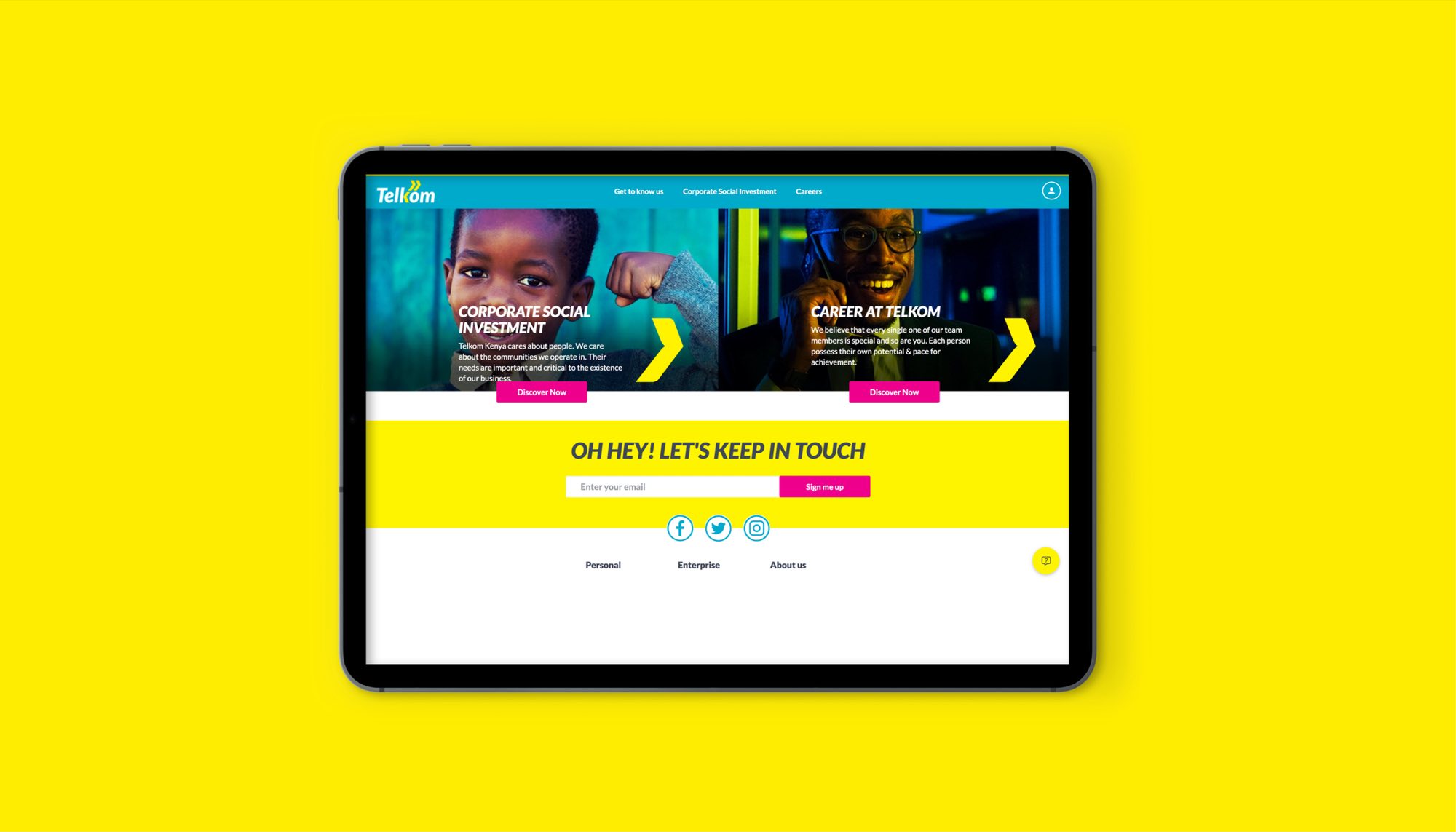 The Telkom Kenya website on a tablet against yellow: Corporate Social Investment and Career at Telkom panels over portraits, each with a yellow chevron and a magenta Discover Now button, above a newsletter sign-up