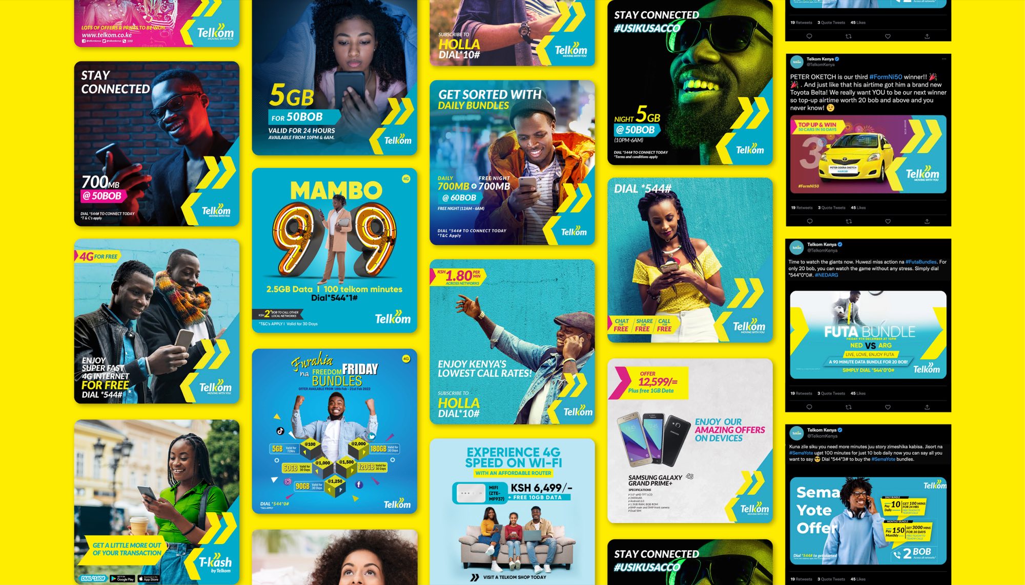 A full campaign wall on yellow: dozens of social posts for data bundles, Mambo 999, Freedom Friday, T-kash and 4G offers in turquoise, magenta and yellow, with a column of Telkom Kenya tweets down the right