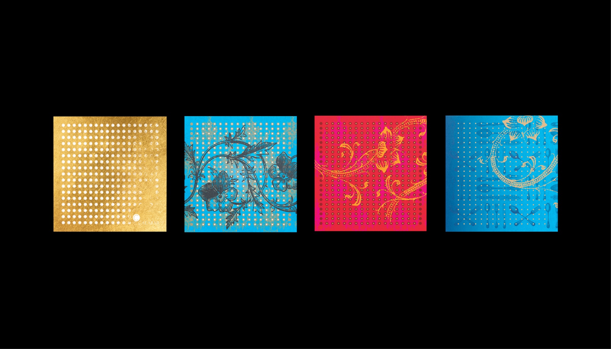 Calabar covers in colour: gold leaf with a punched white dot grid, turquoise with charcoal botanical engraving, red with orange scrollwork, and blue with cutlery and floral line art