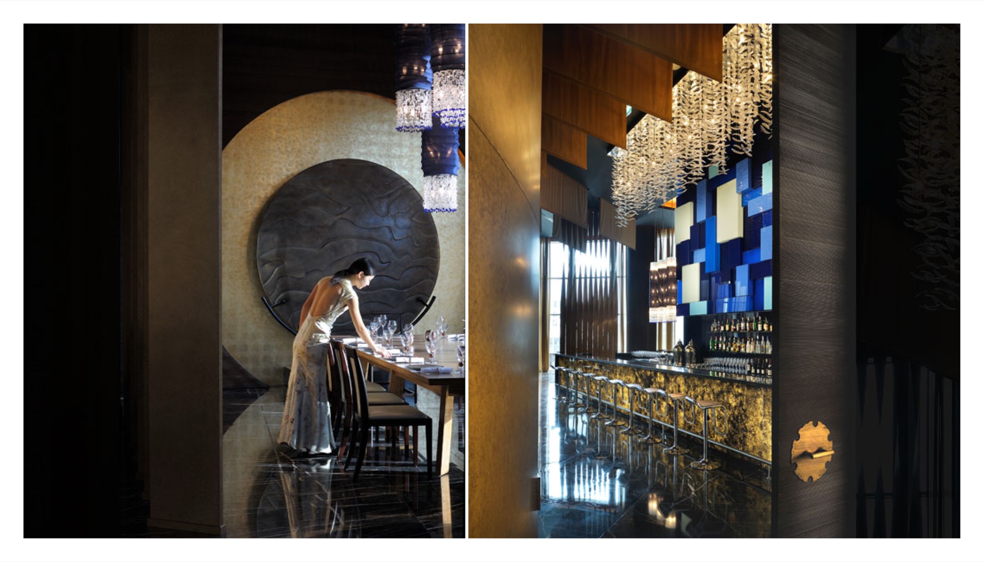 Two restaurant interiors: a hostess laying a table in front of a large carved bronze disc under beaded chandeliers, and a long bar with backlit blue mosaic panelling, gold-leaf counter front and chrome stools on polished marble