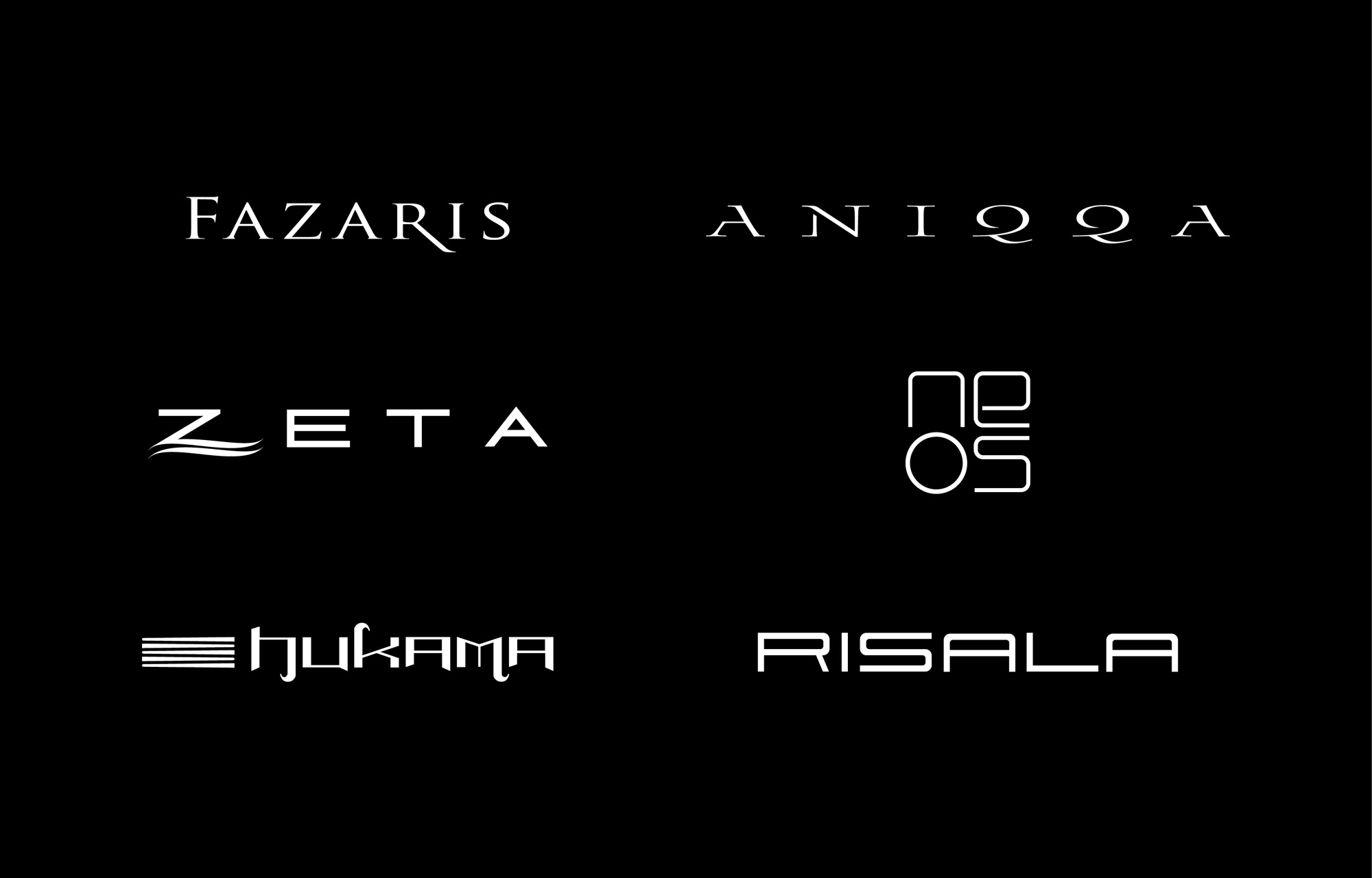 The restaurant and venue identities in white on black: Fazaris and Aniqqa set in a fine high-contrast serif, Zeta with a wave rule beneath the Z, the NEOS monogram built from stacked rounded letterforms, Hukama with a set of horizontal bars, and Risala in a wide geometric sans